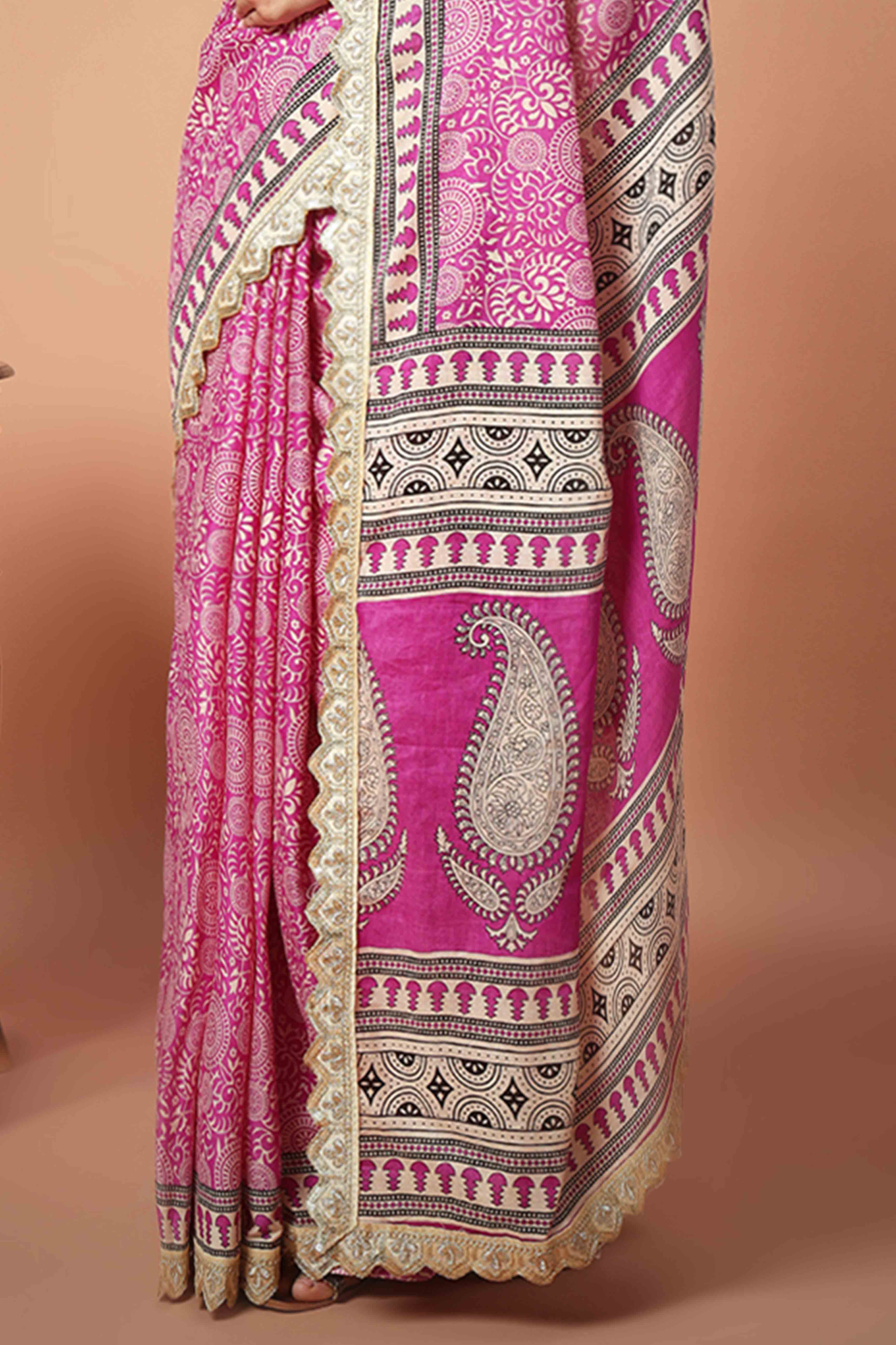 Cream Mulmul Cotton Saree with Traditional Ajrakh Block Prints