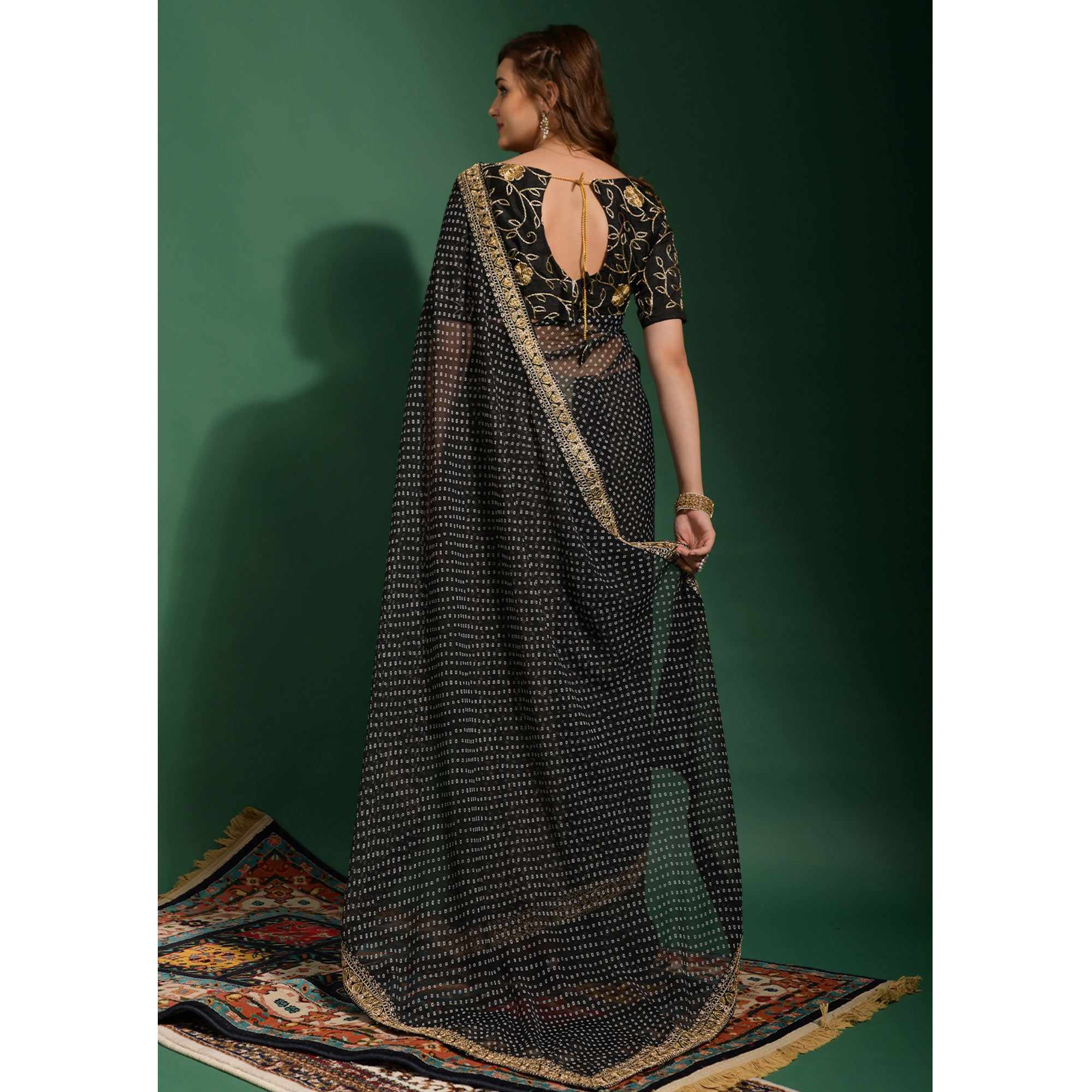 Black Bandhani Printed Georgette Saree With Embroidered Border