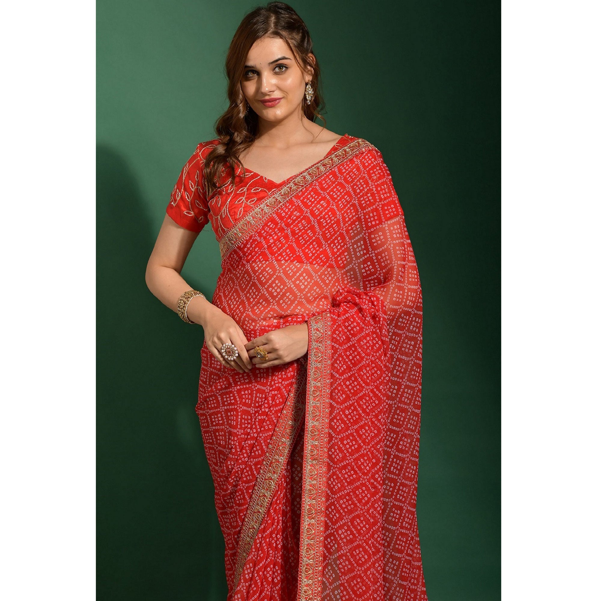 Red Bandhani Printed Georgette Saree With Embroidered Border