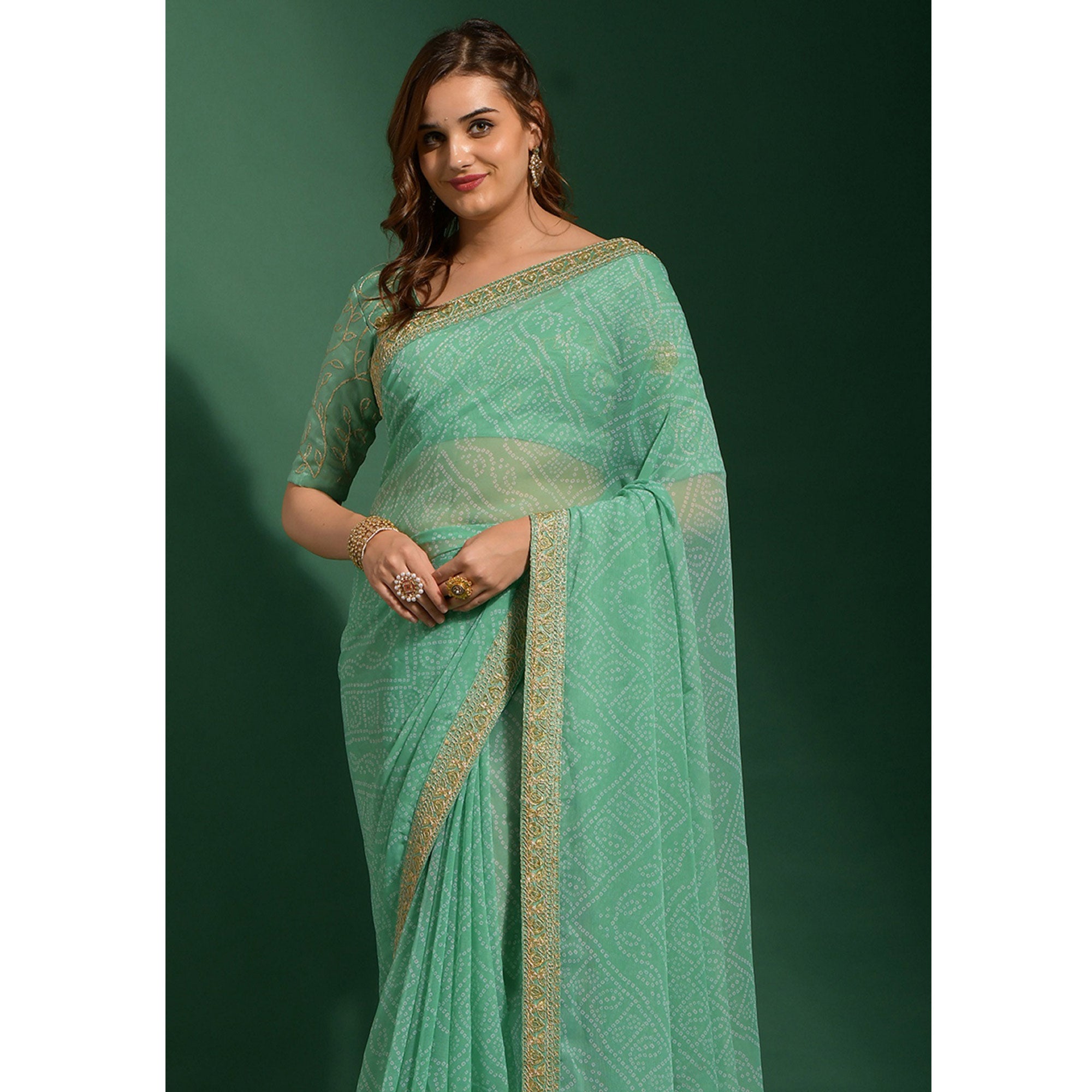 Sea Green Bandhani Printed Georgette Saree With Embroidered Border