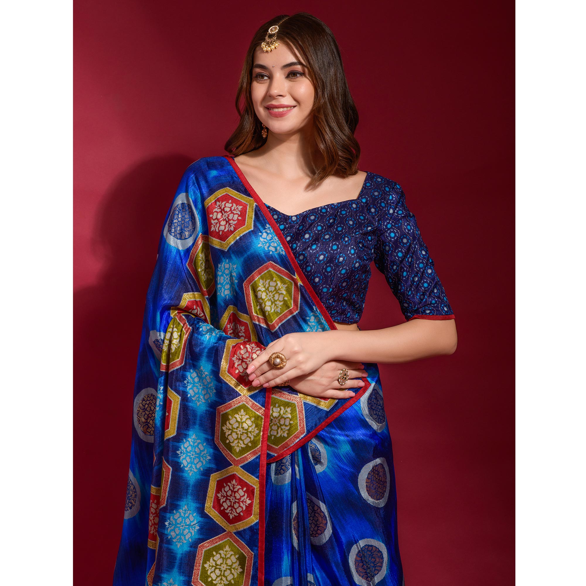 Blue Foil Printed Art Silk Saree
