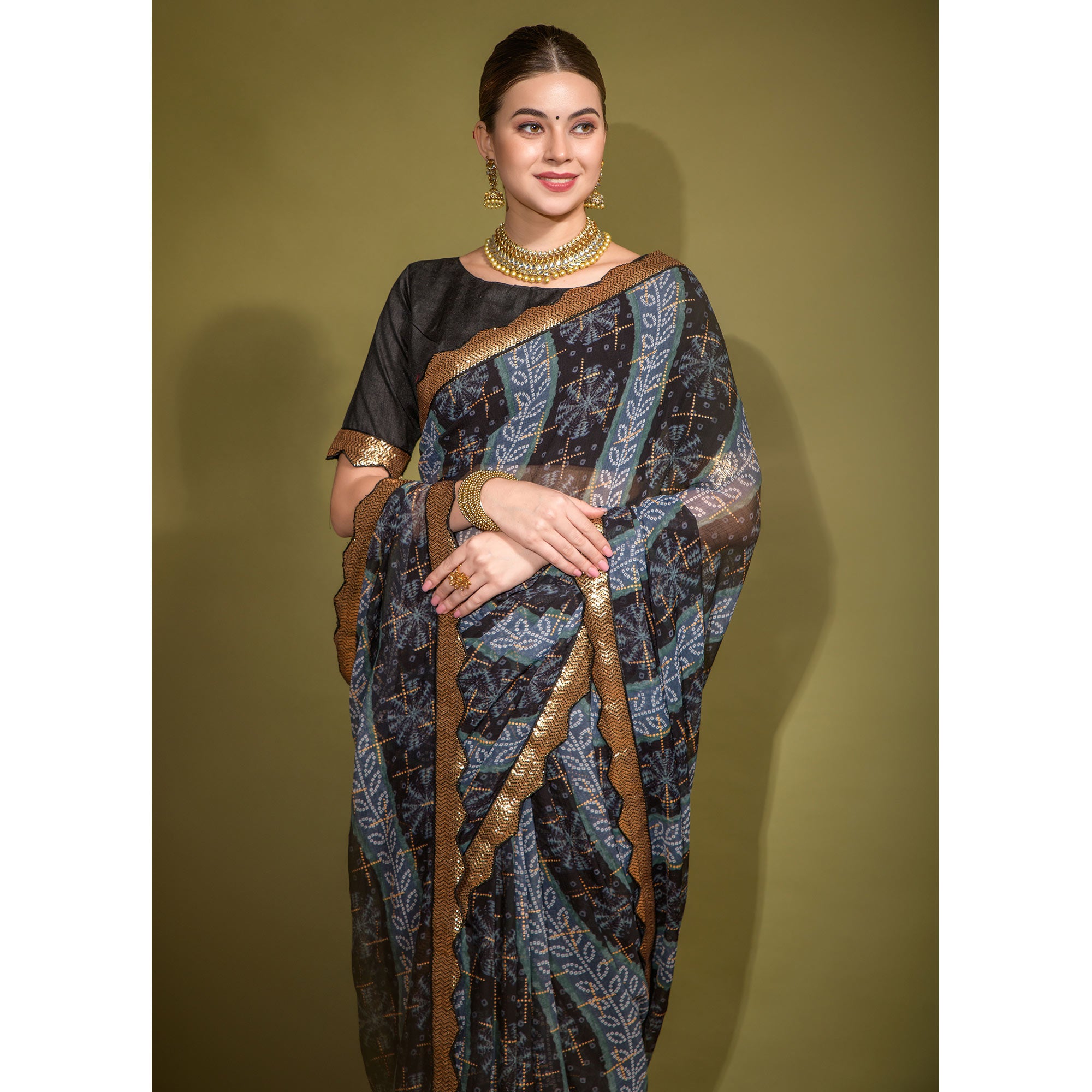 Black Bandhani Foil Printed Georgette Saree With Embroidered Border