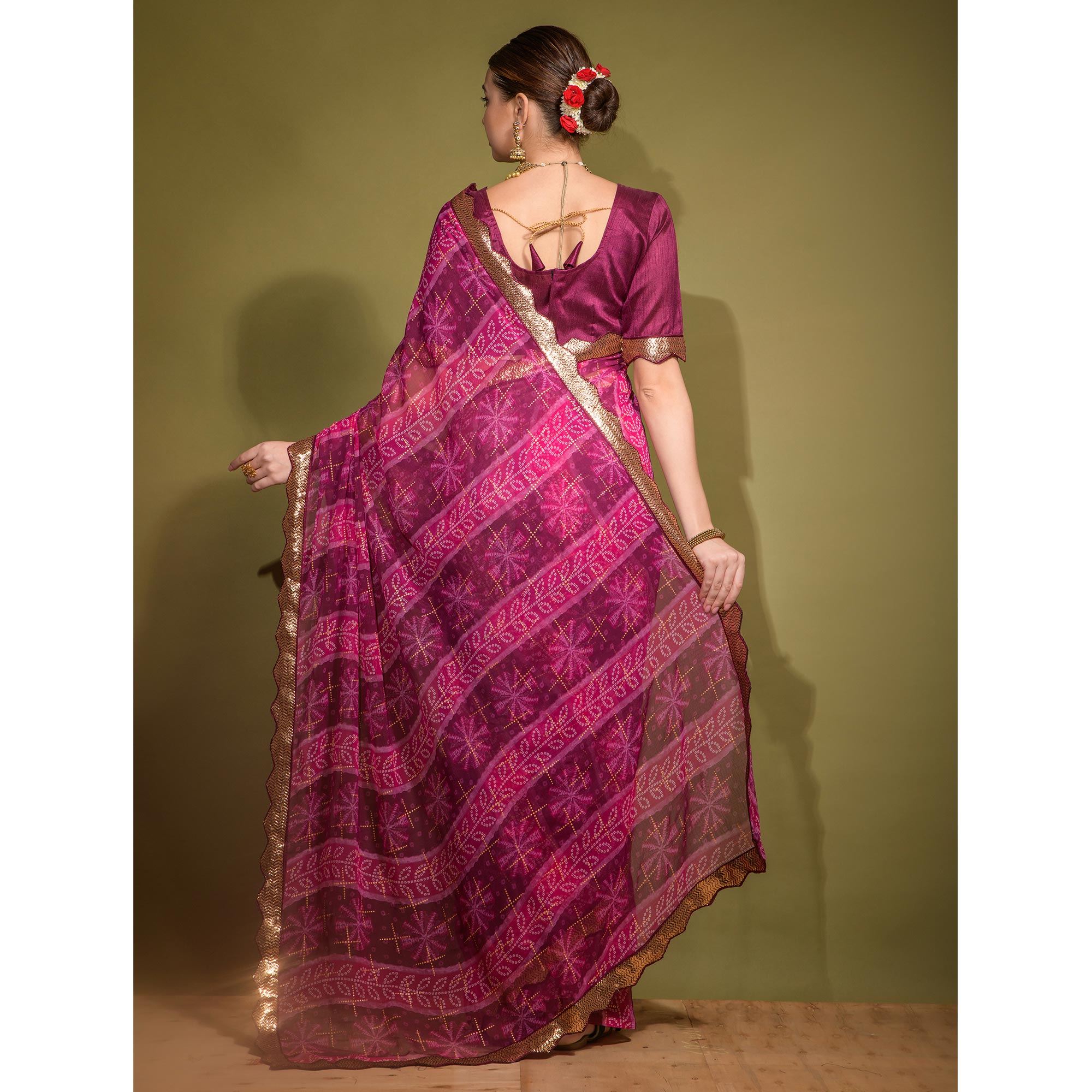 Pink Bandhani Foil Printed Georgette Saree With Embroidered Border