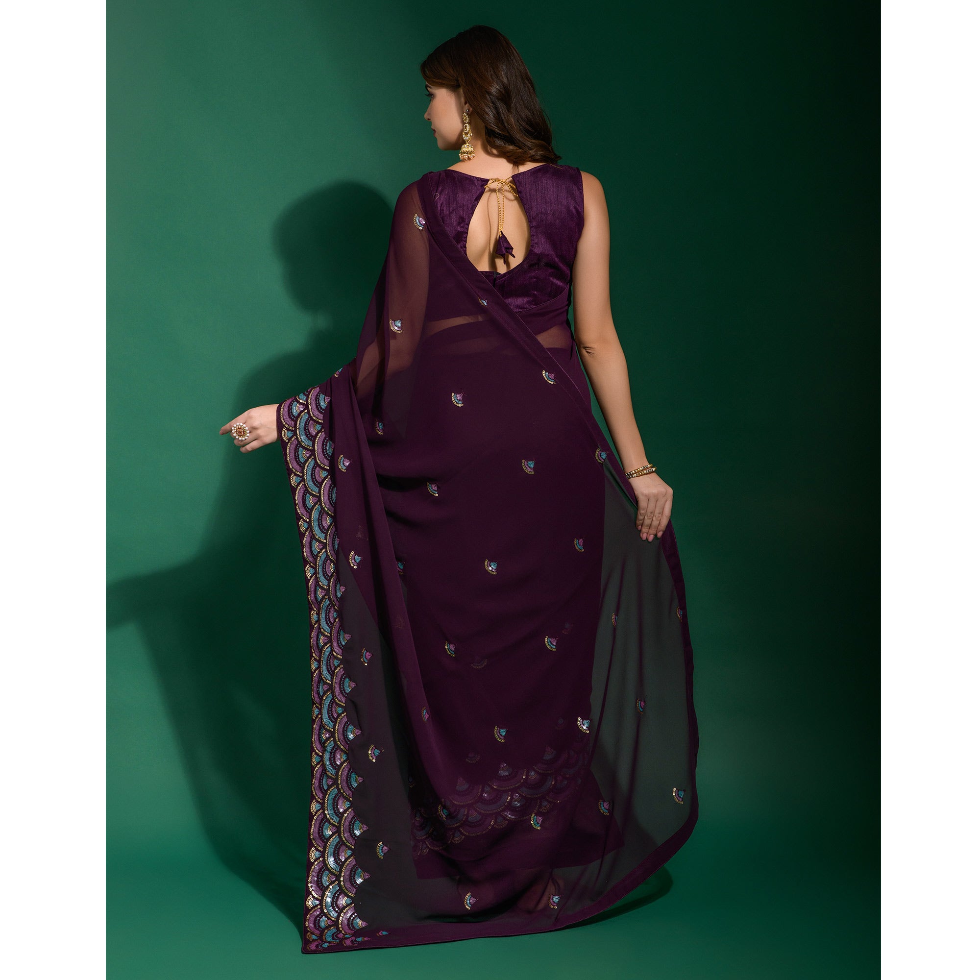 Wine Sequins Embroidered Georgette Saree