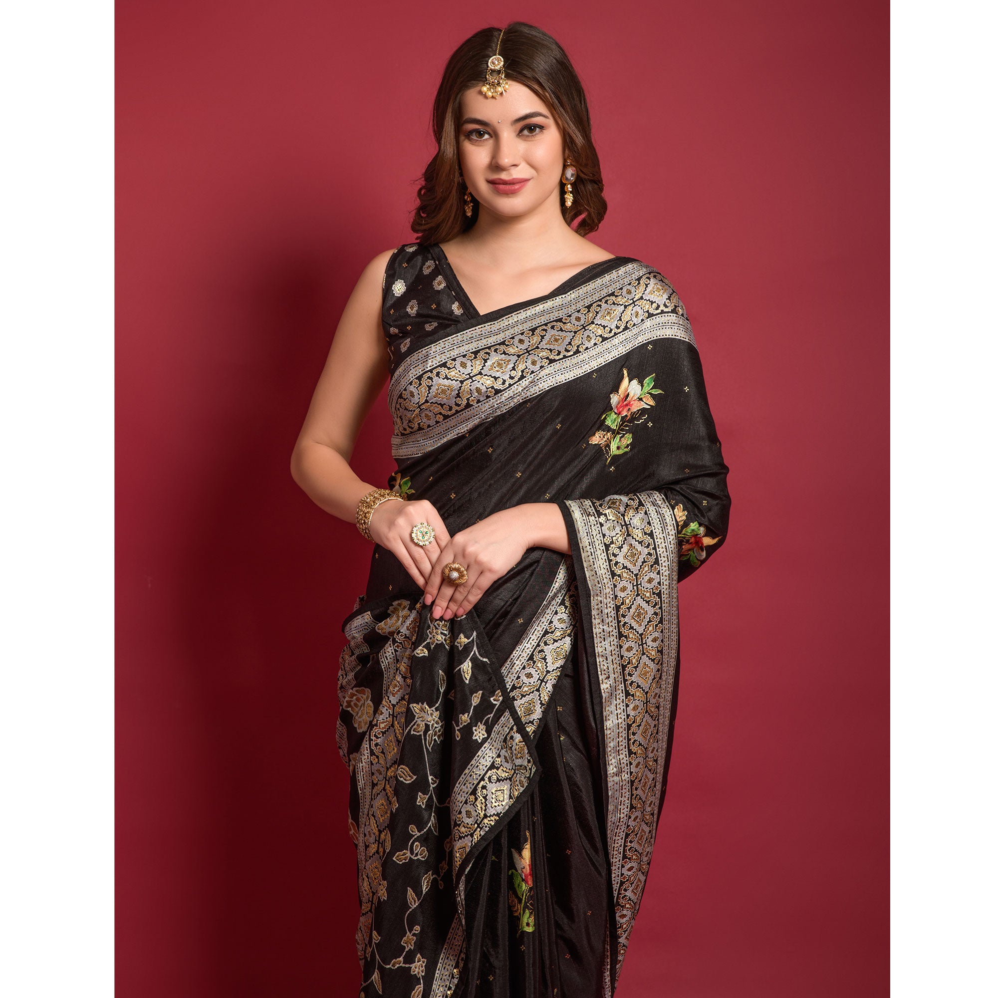 Black Floral Foil Printed Art Silk Saree