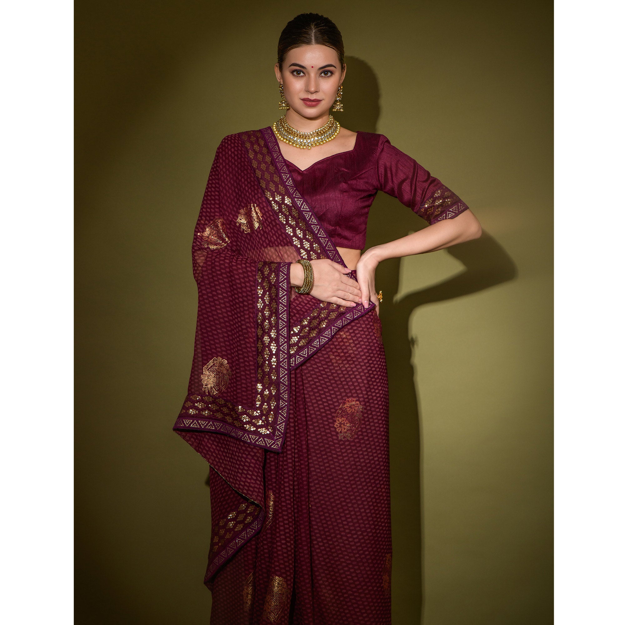 Wine Foil Printed Georgette Saree