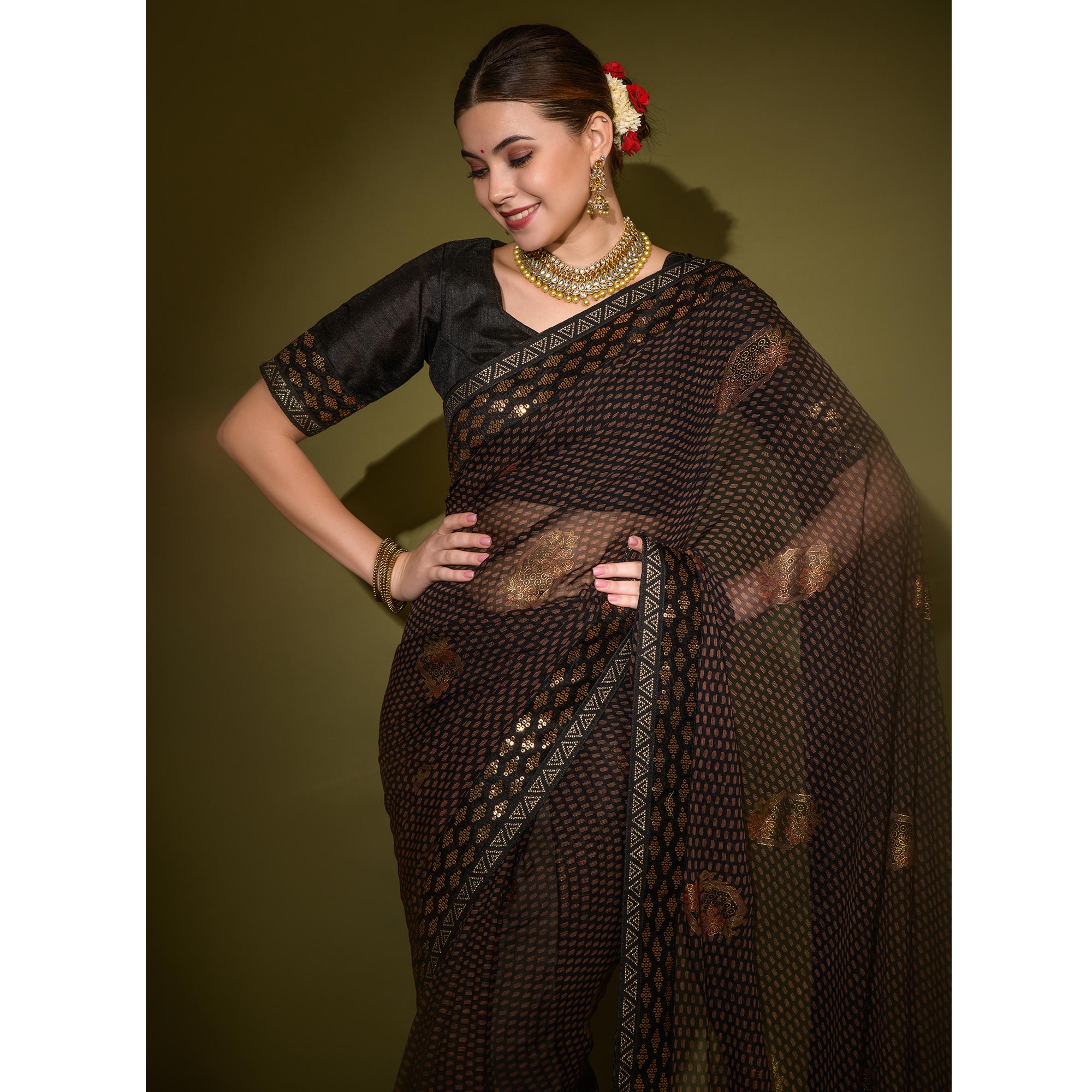 Black Foil Printed Georgette Saree