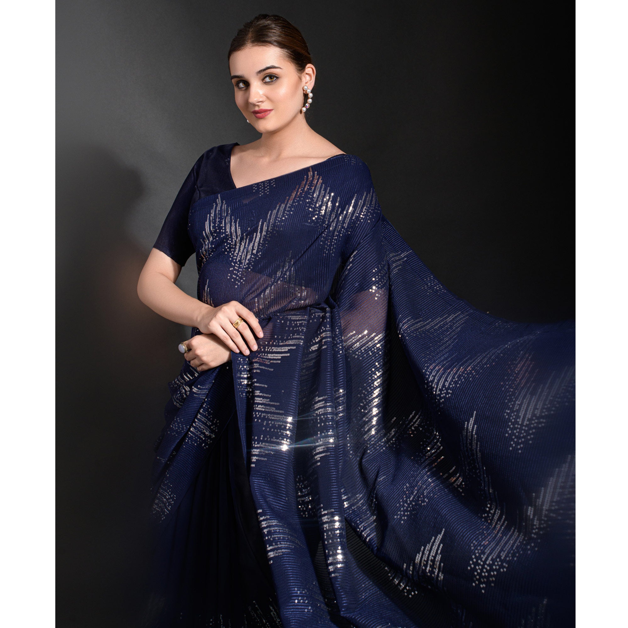 Navy Blue Sequins Embroidered Georgette Saree