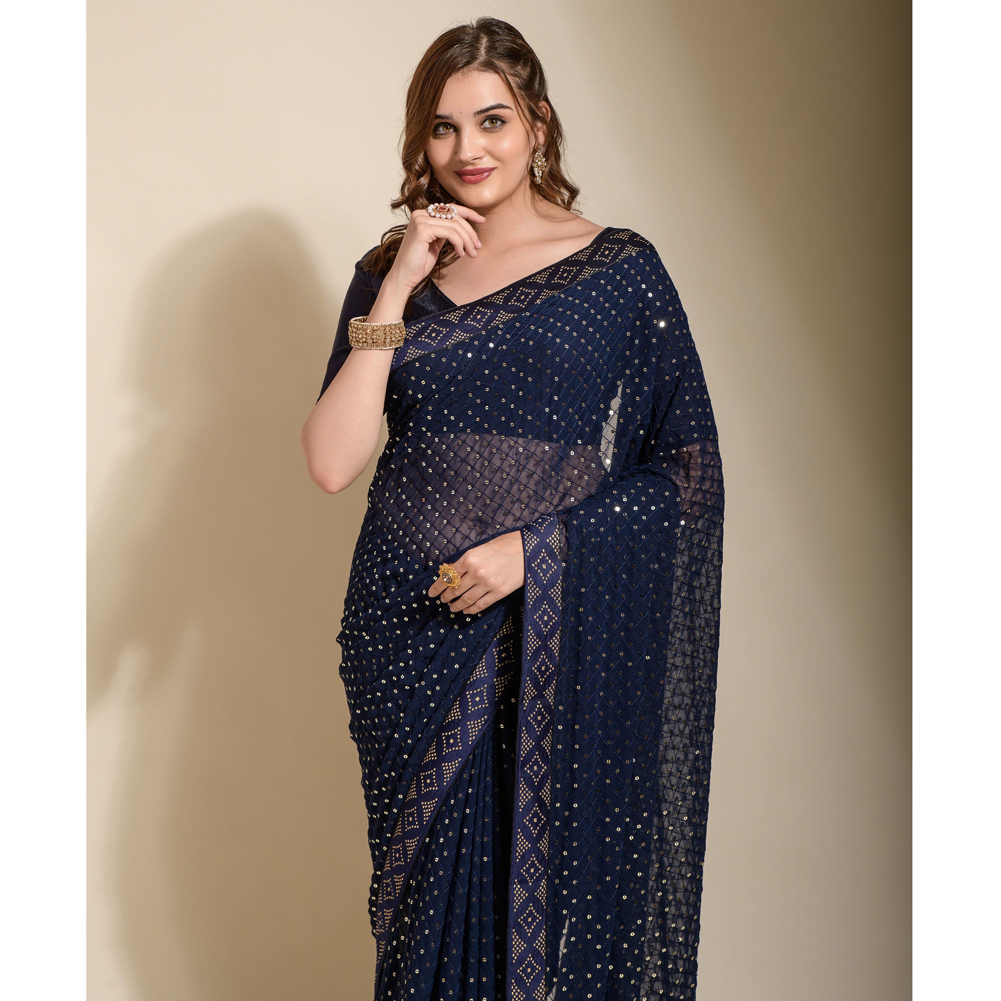 Navy Blue Sequins Embroidered Georgette Saree