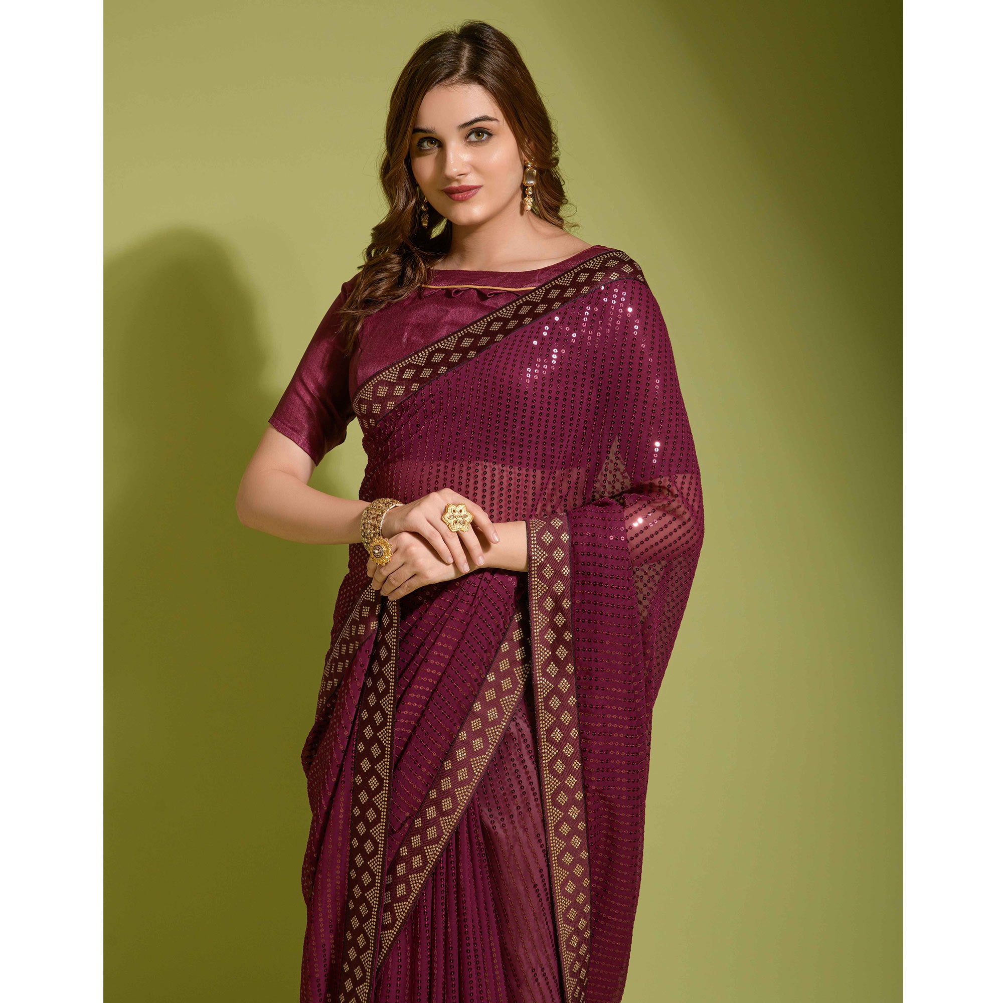 Wine Sequins Embroidered Georgette Saree