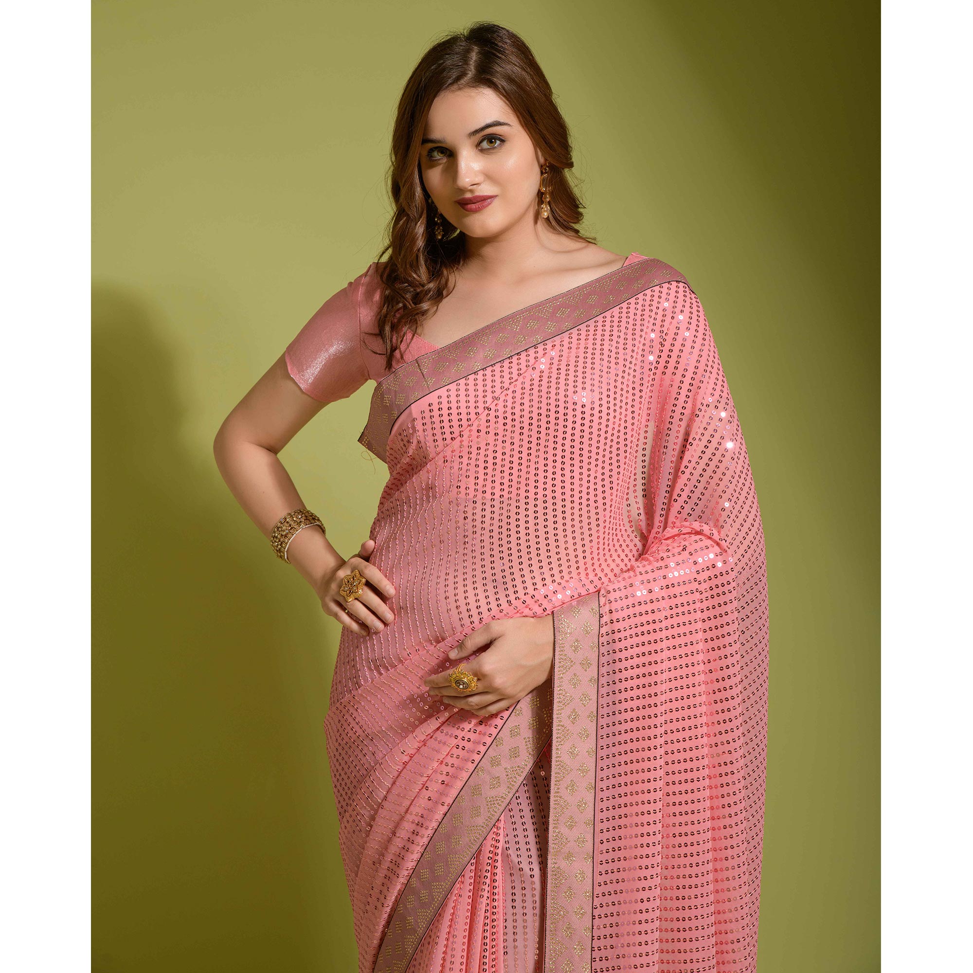 Pink Sequins Embroidered Georgette Saree