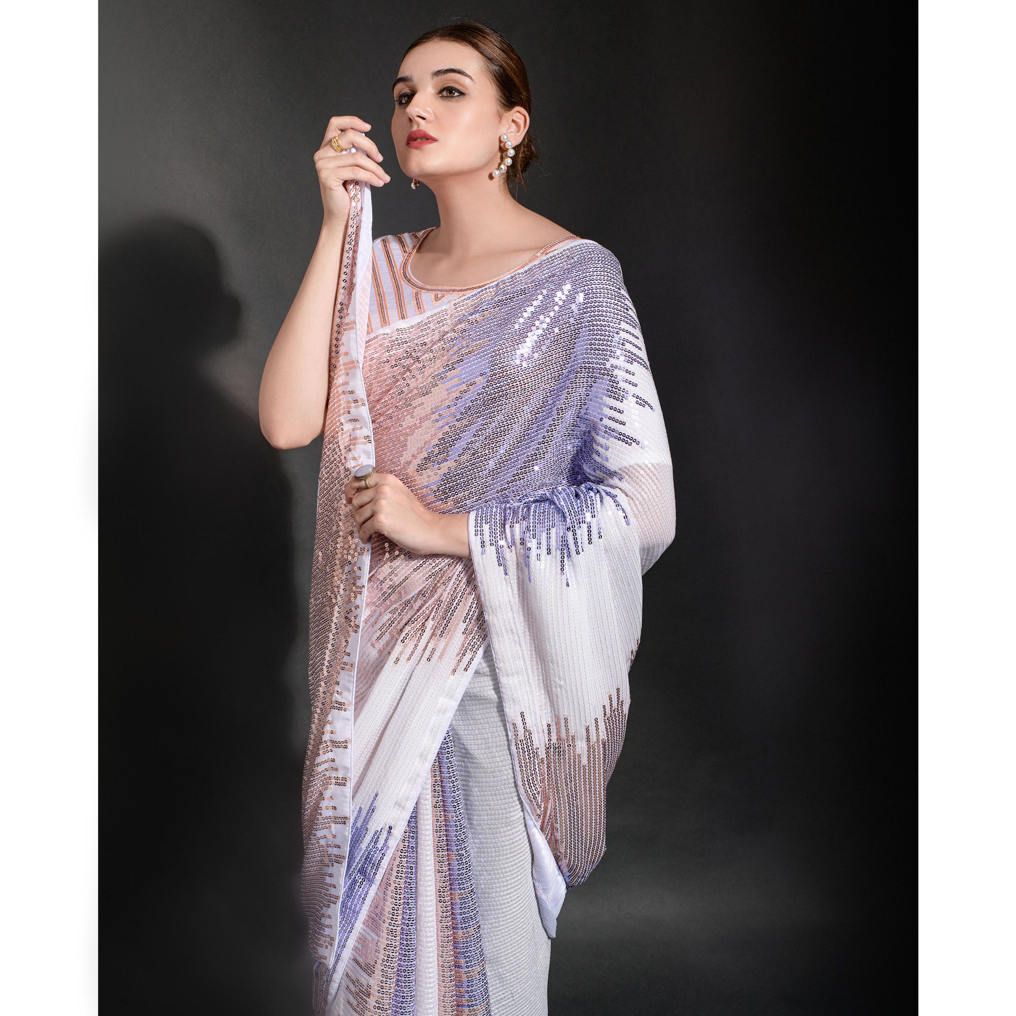 White & Purple Sequins Embroidered Georgette Saree