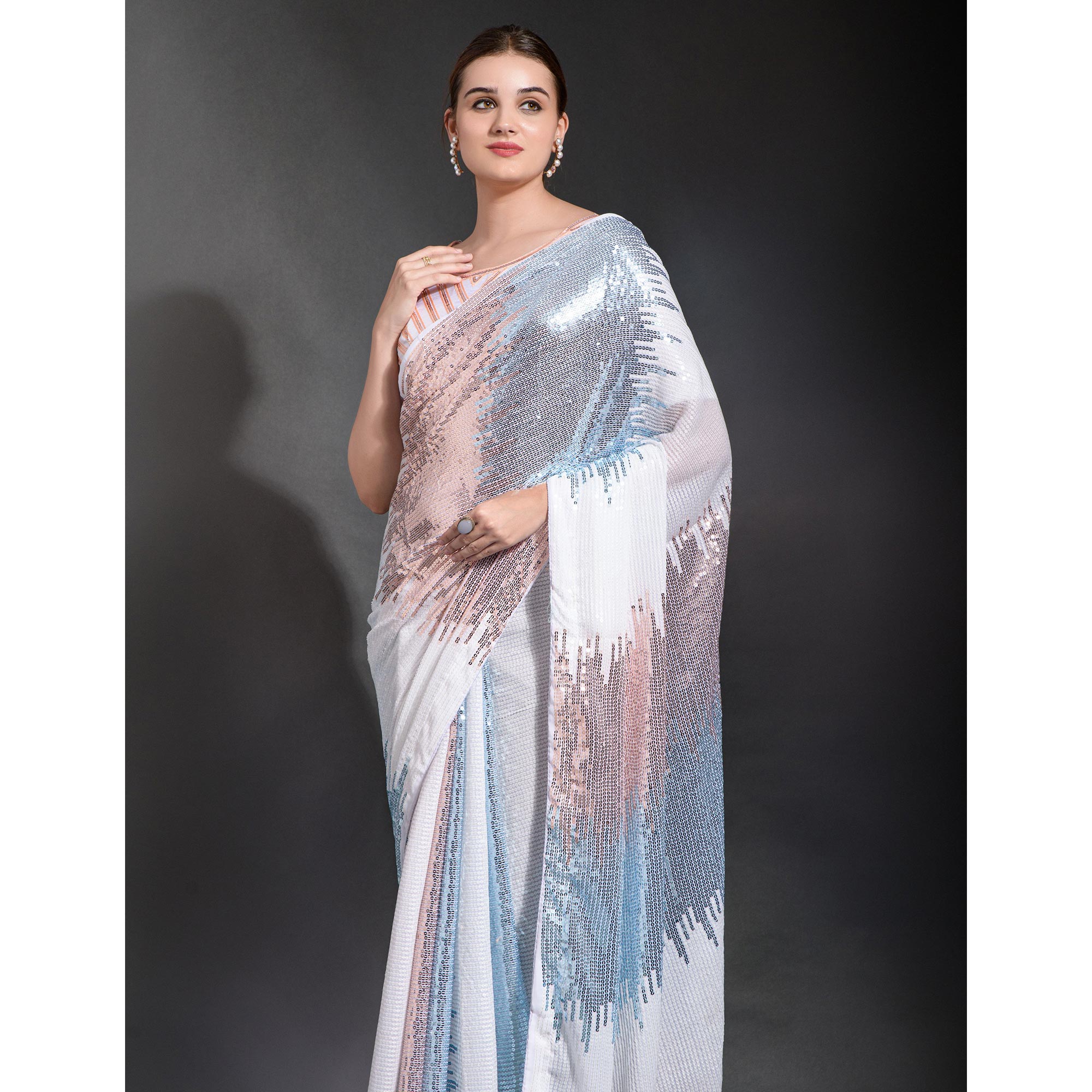 White & Sky Blue Sequins Embroidered Georgette Saree