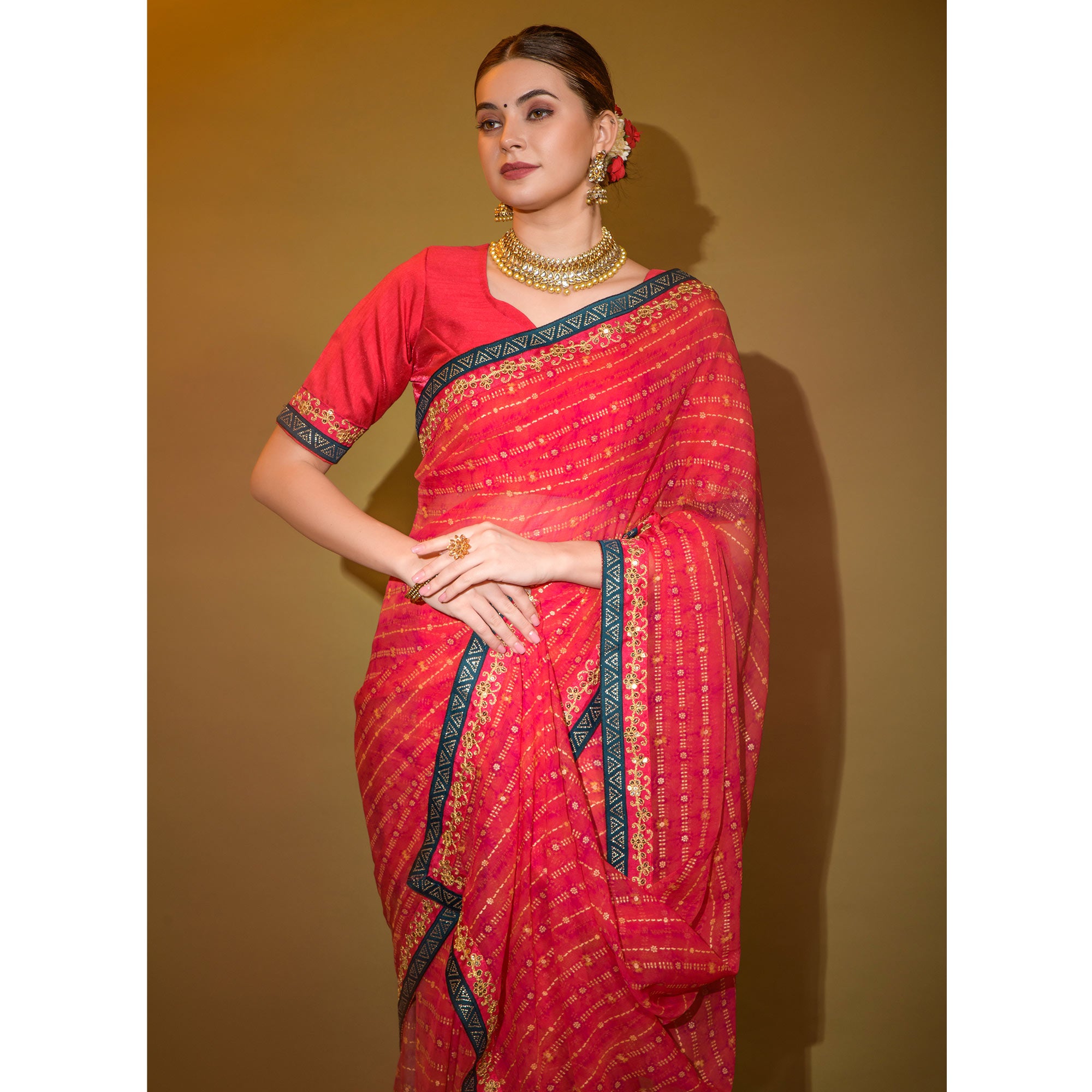 Red Foil Printed Georgette Saree With Embroidered Border