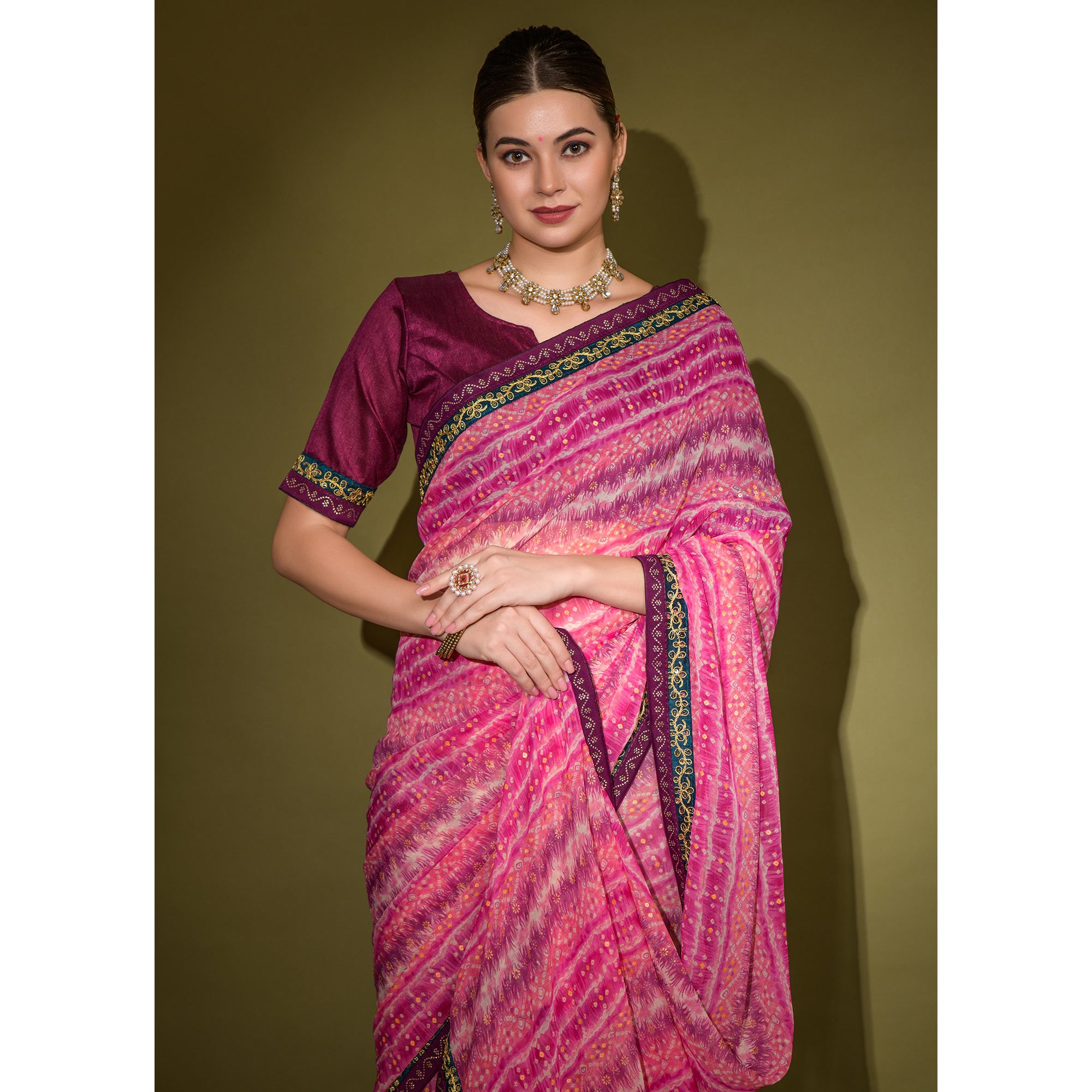 Pink Leheriya Printed Georgette Saree With Embroidered Border