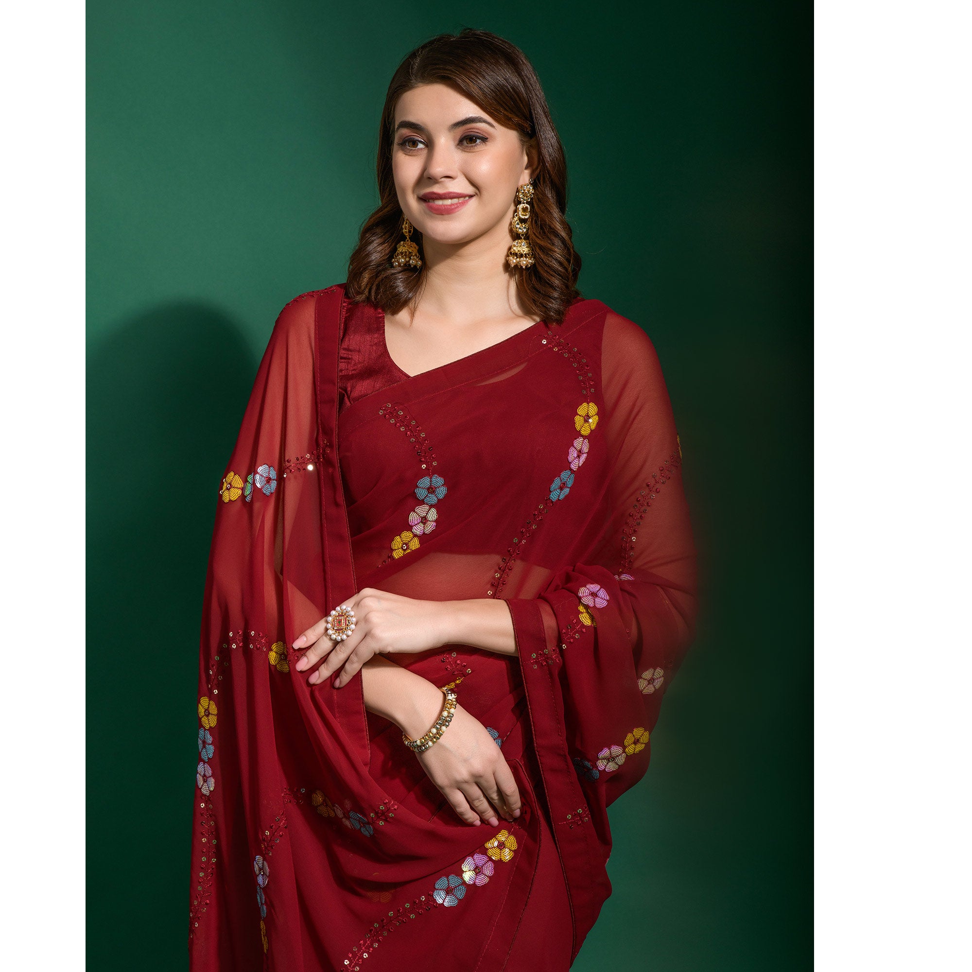 Maroon Sequins Embroidered Georgette Saree