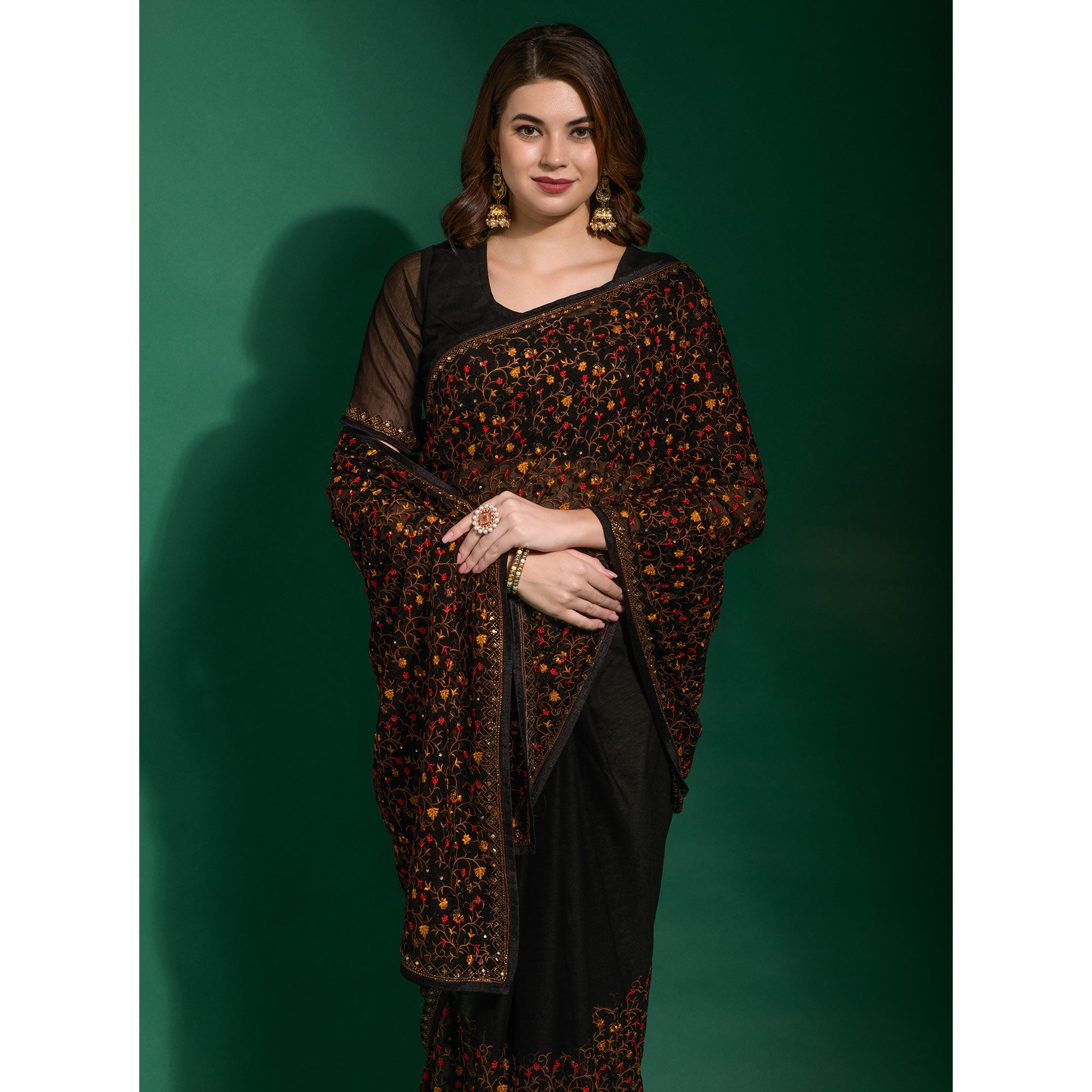 Black Floral Embroidered Georgette Saree