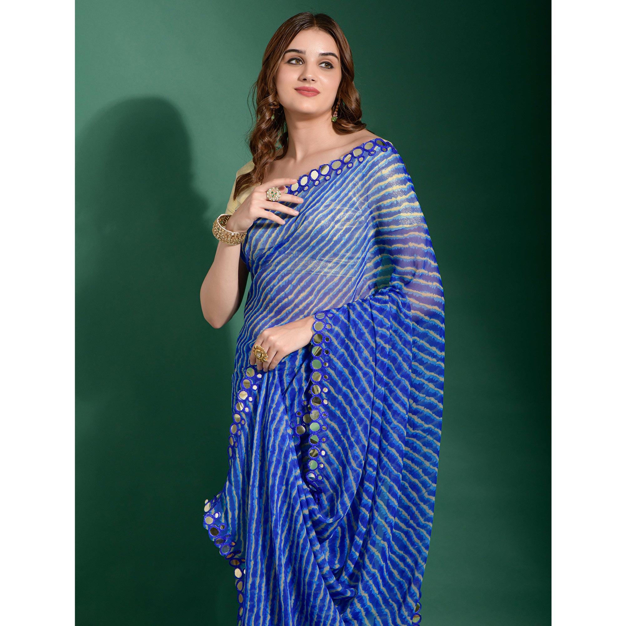 Blue Leheriya Printed With Embroidered Border Chiffon Saree