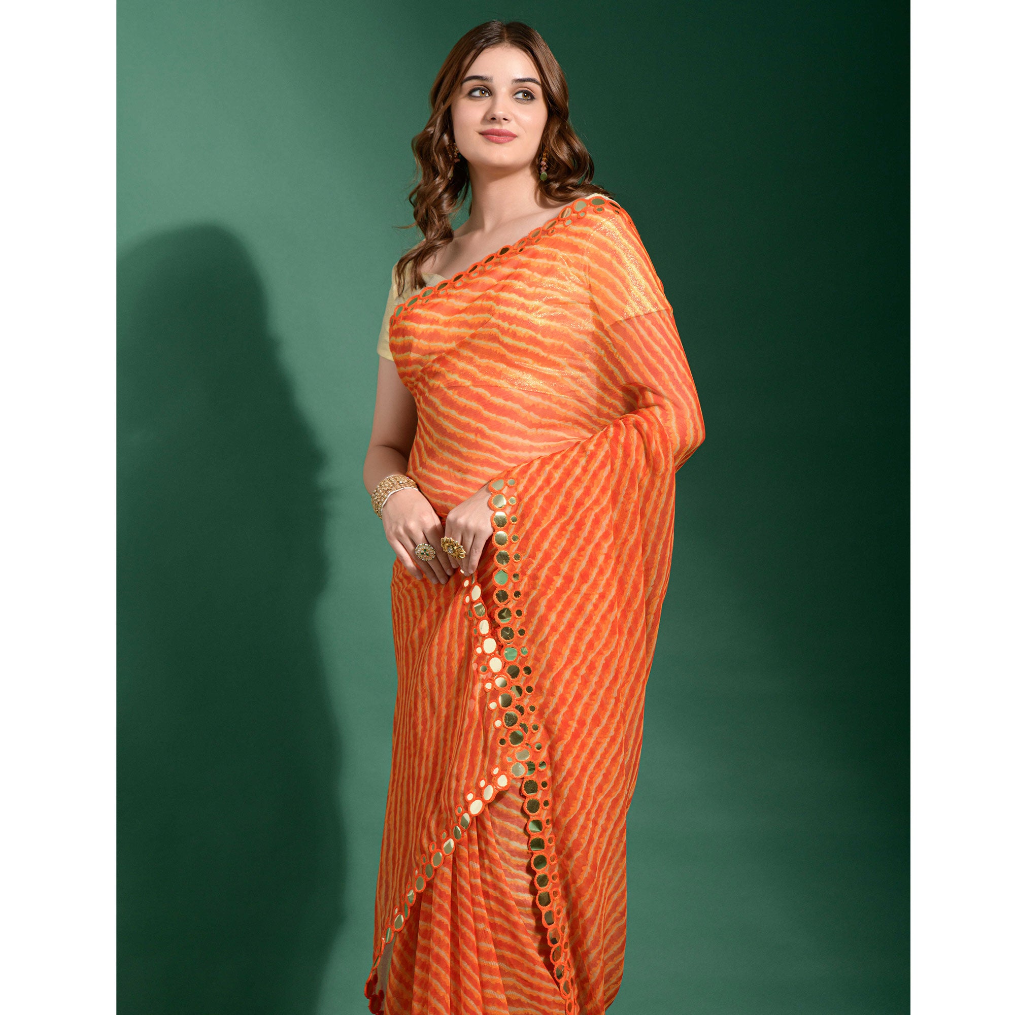 Orange Leheriya Printed With Embroidered Border Chiffon Saree