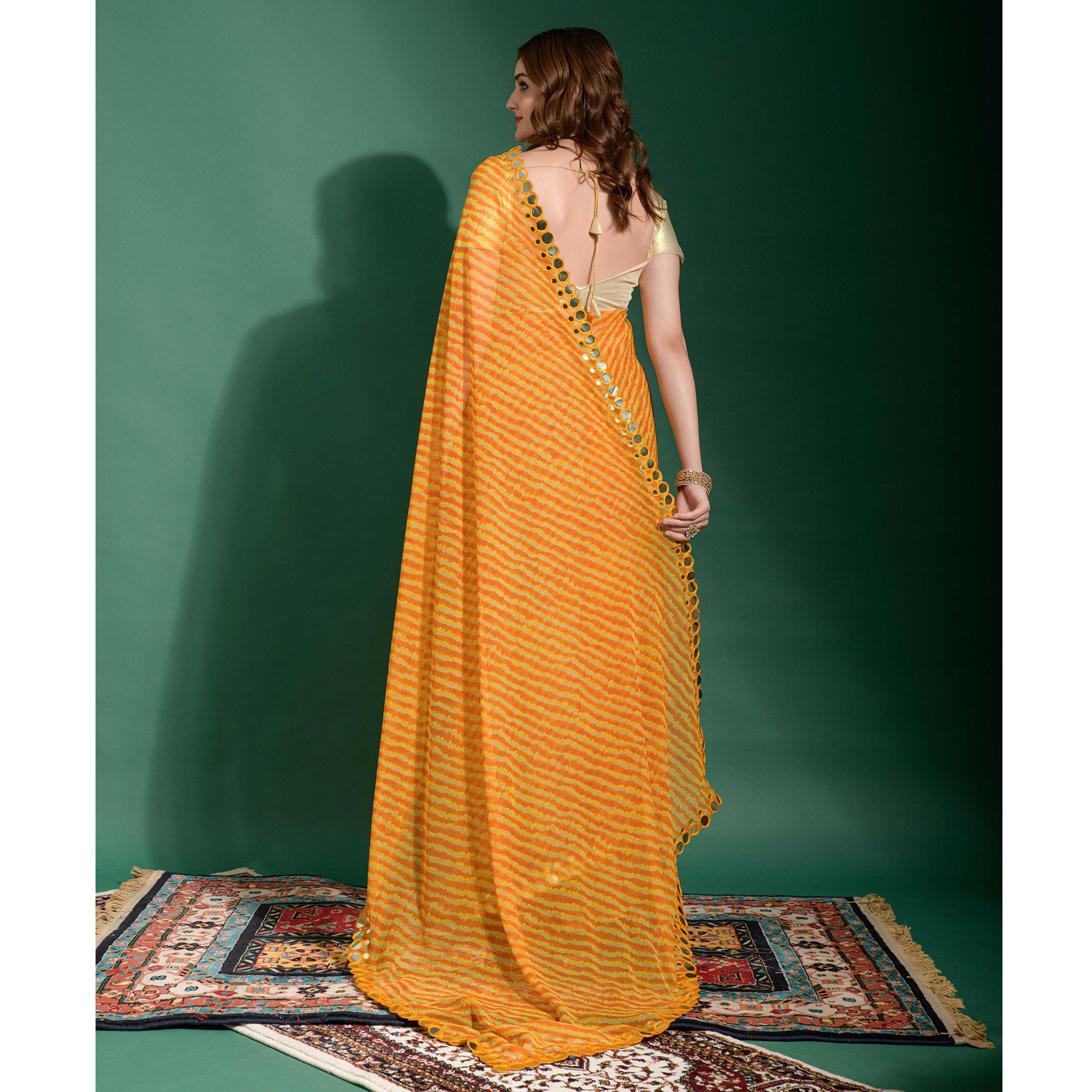 Yellow Leheriya Printed With Embroidered Border Chiffon Saree