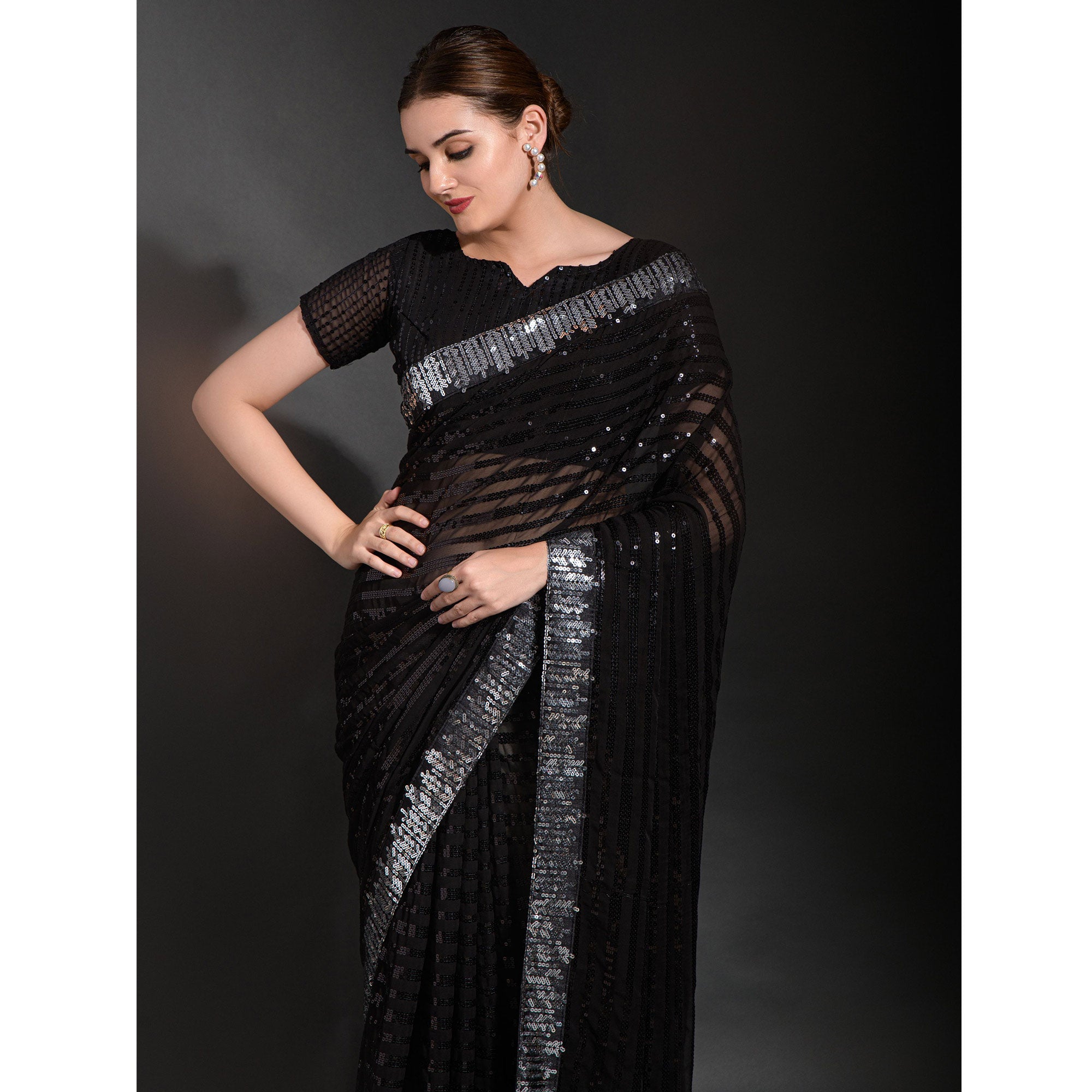 Black Sequins Embroidered Georgette Saree