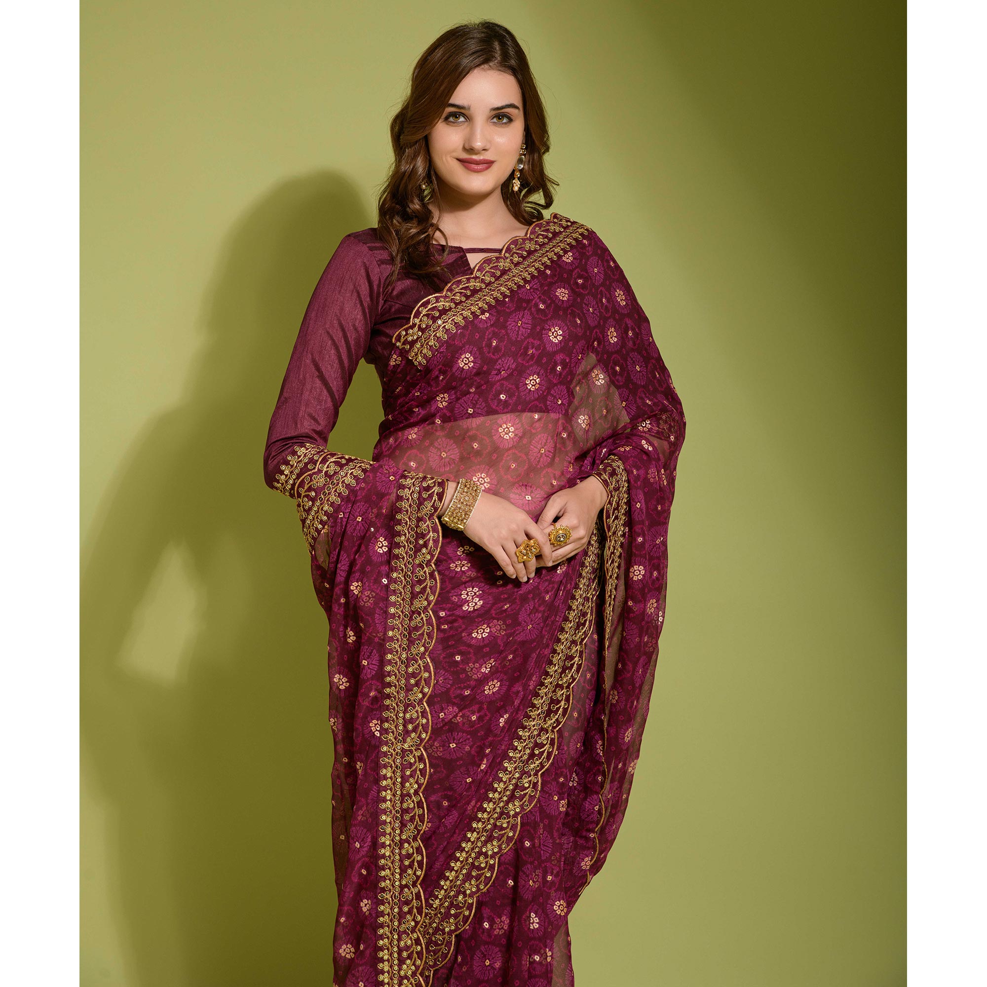 Wine Bandhani Foil Printed Georgette Saree With Embroidered Border