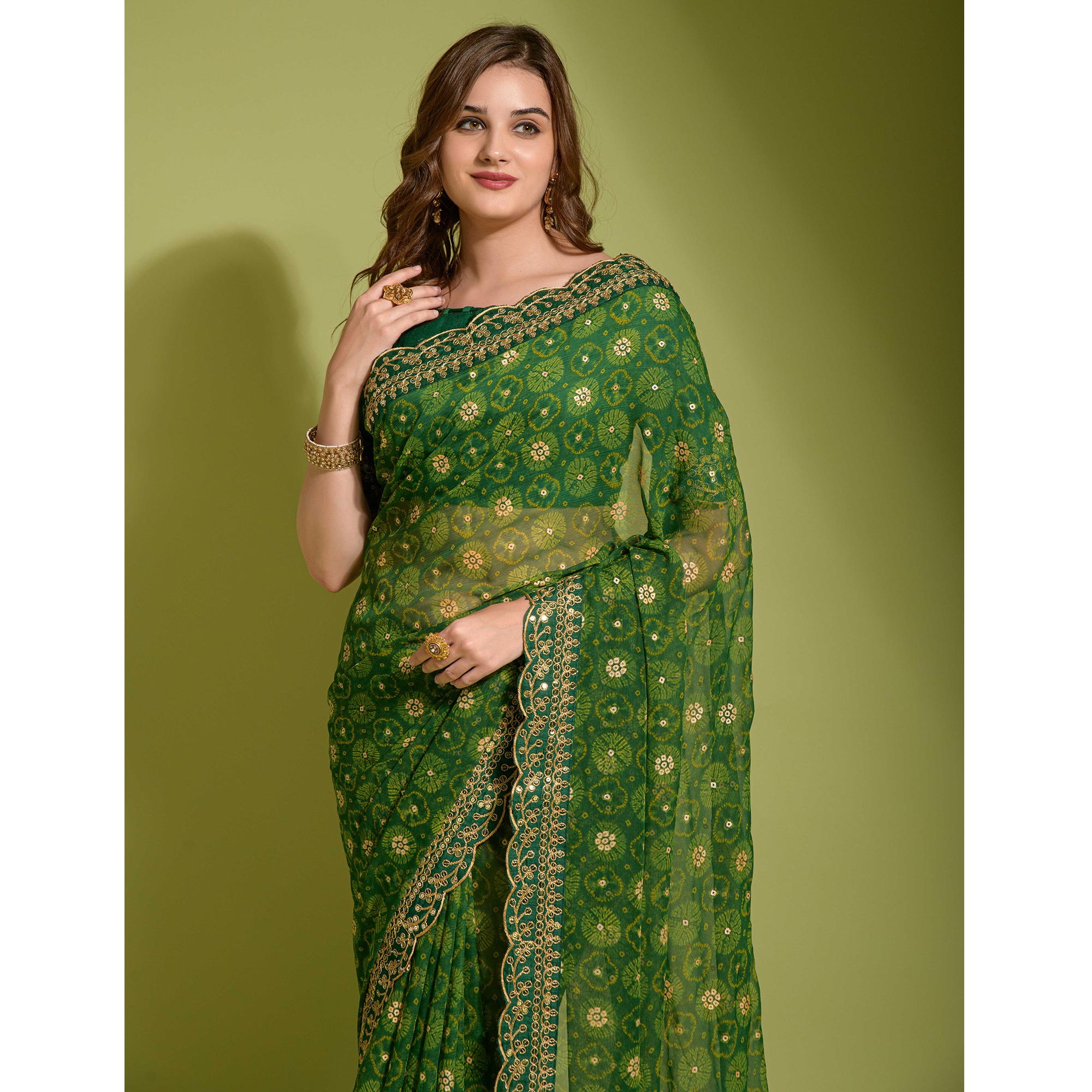 Green Bandhani Foil Printed Georgette Saree With Embroidered Border