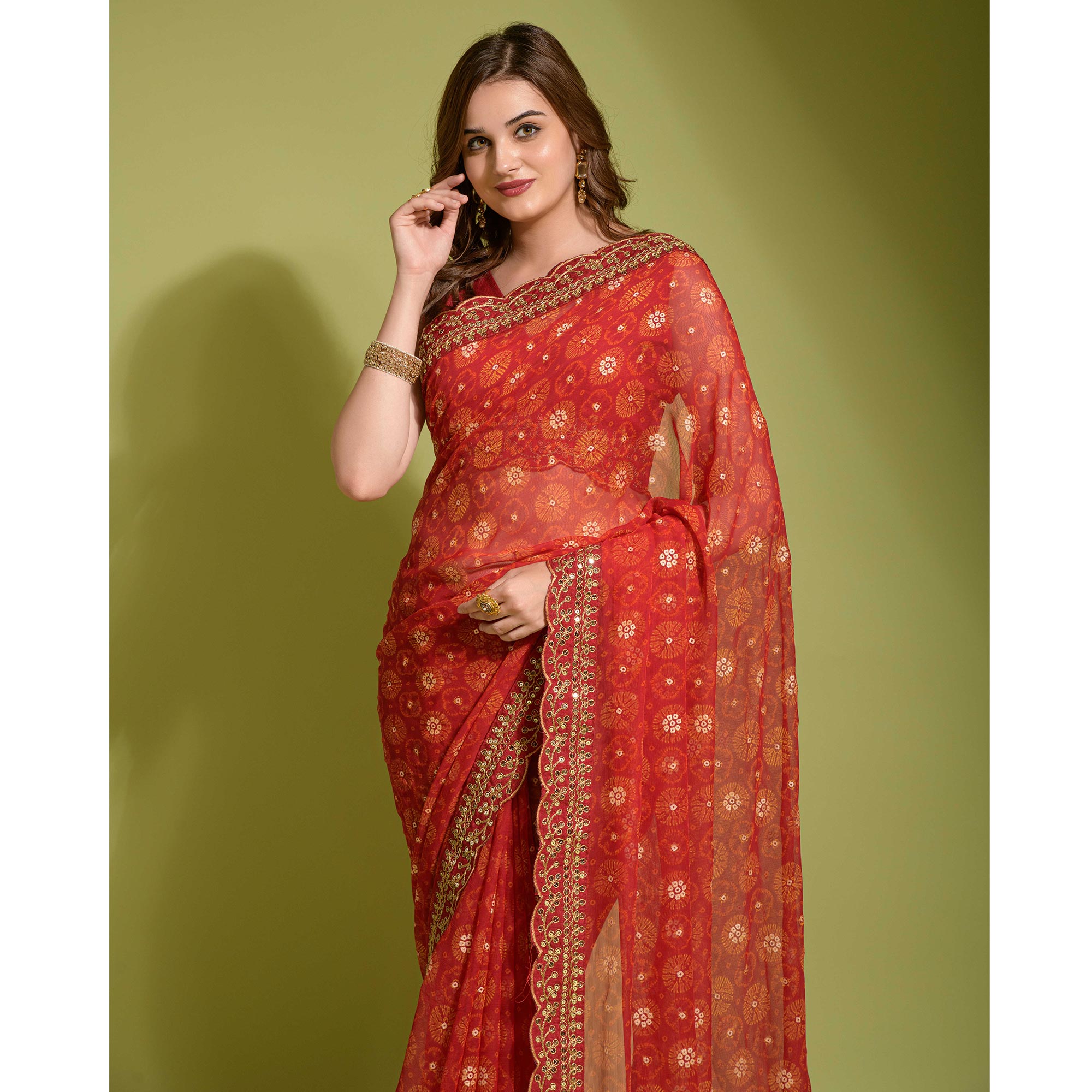 Red Bandhani Foil Printed Georgette Saree With Embroidered Border