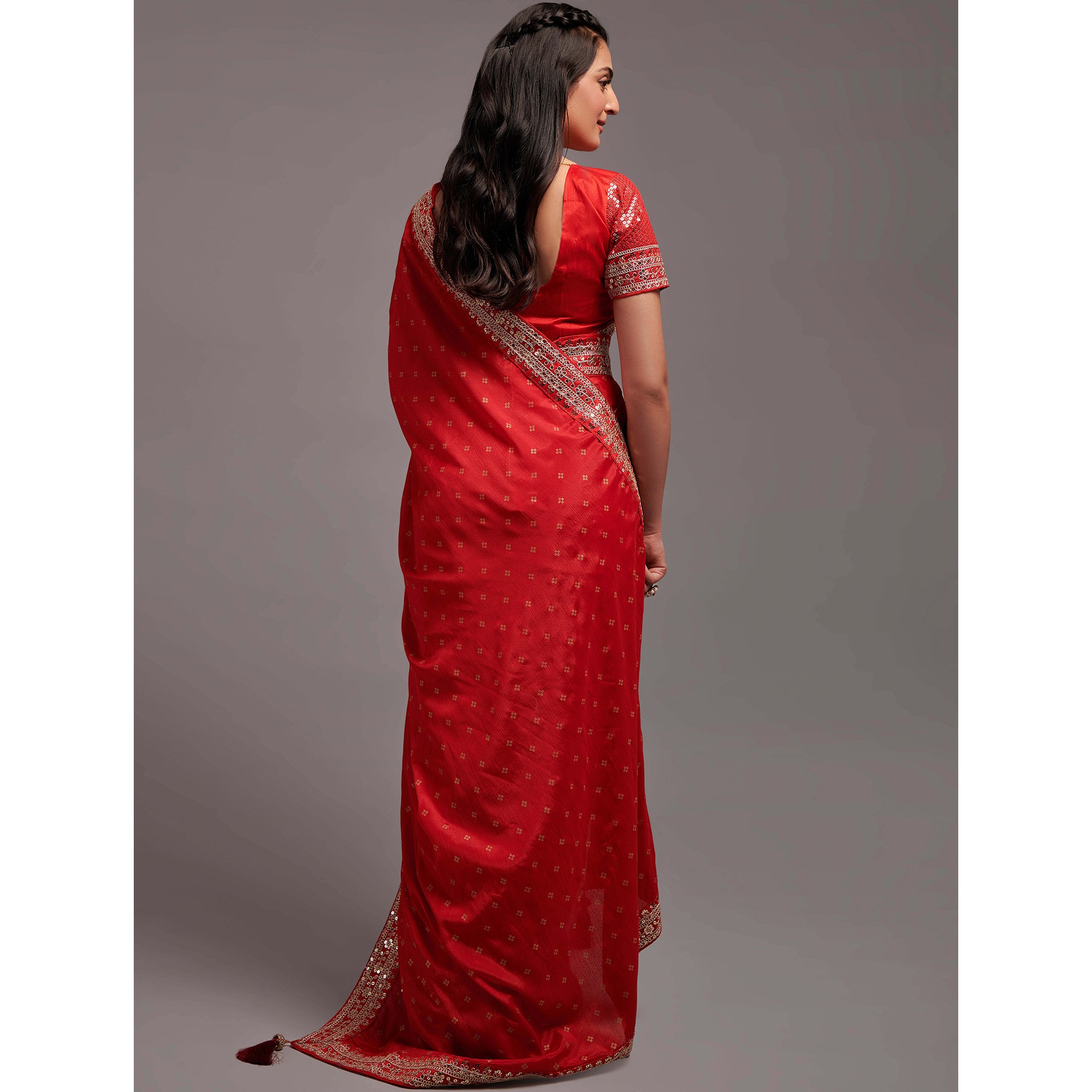 Red Sequins Embroidered Border Chinon Saree