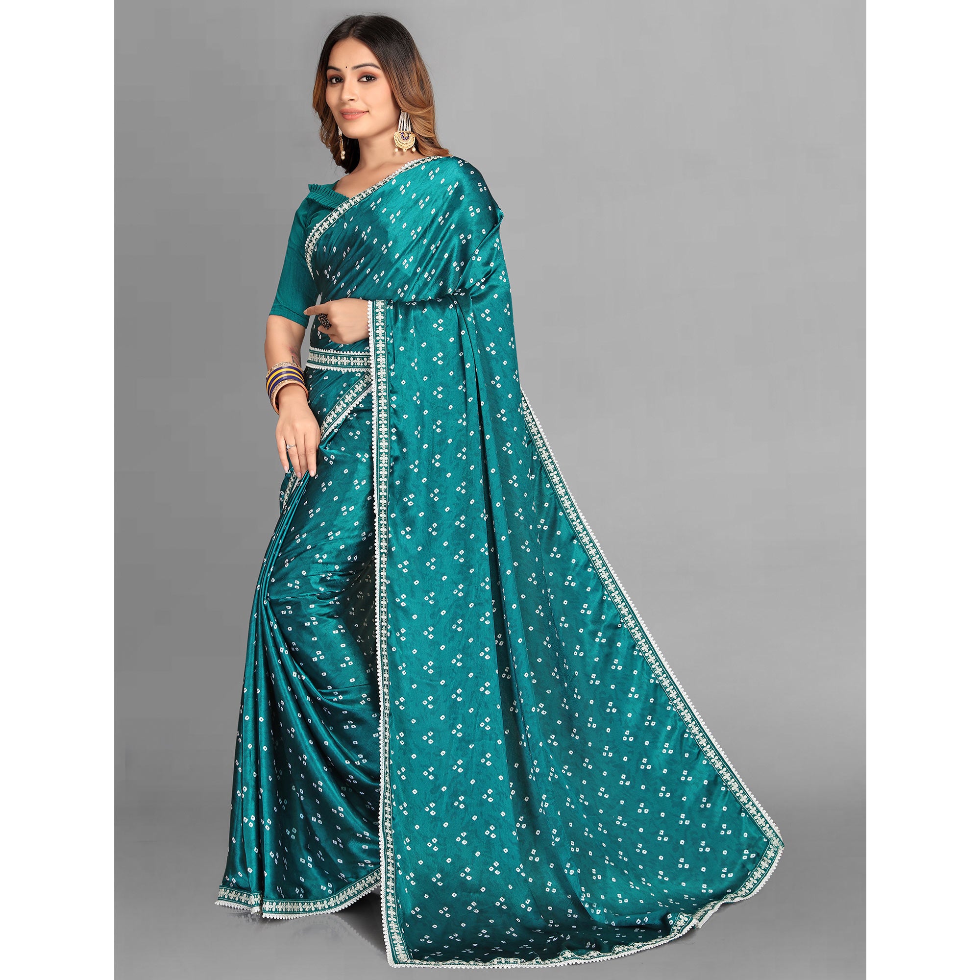 Rama Blue Bandhani Printed Satin Saree