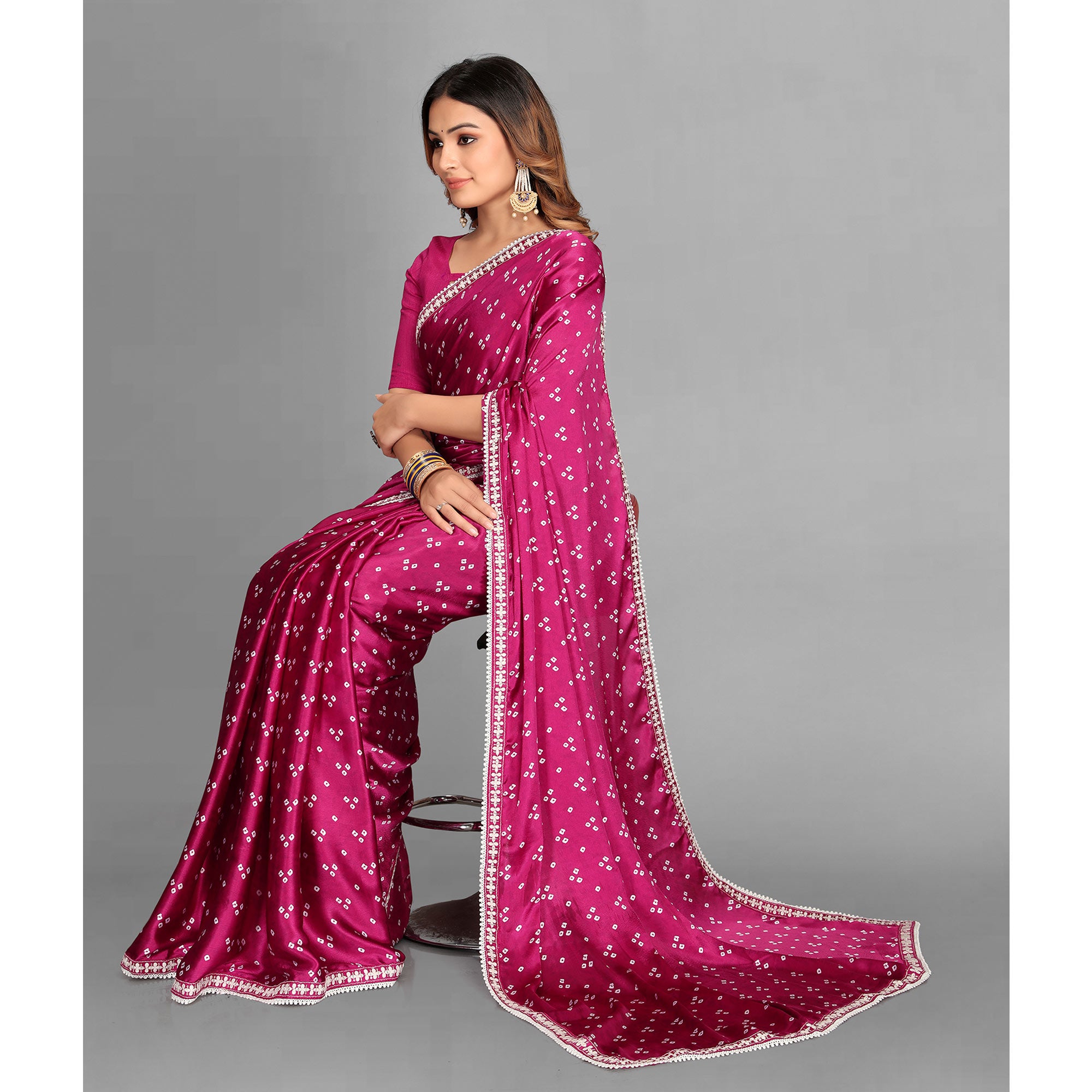 Pink Bandhani Printed Satin Saree