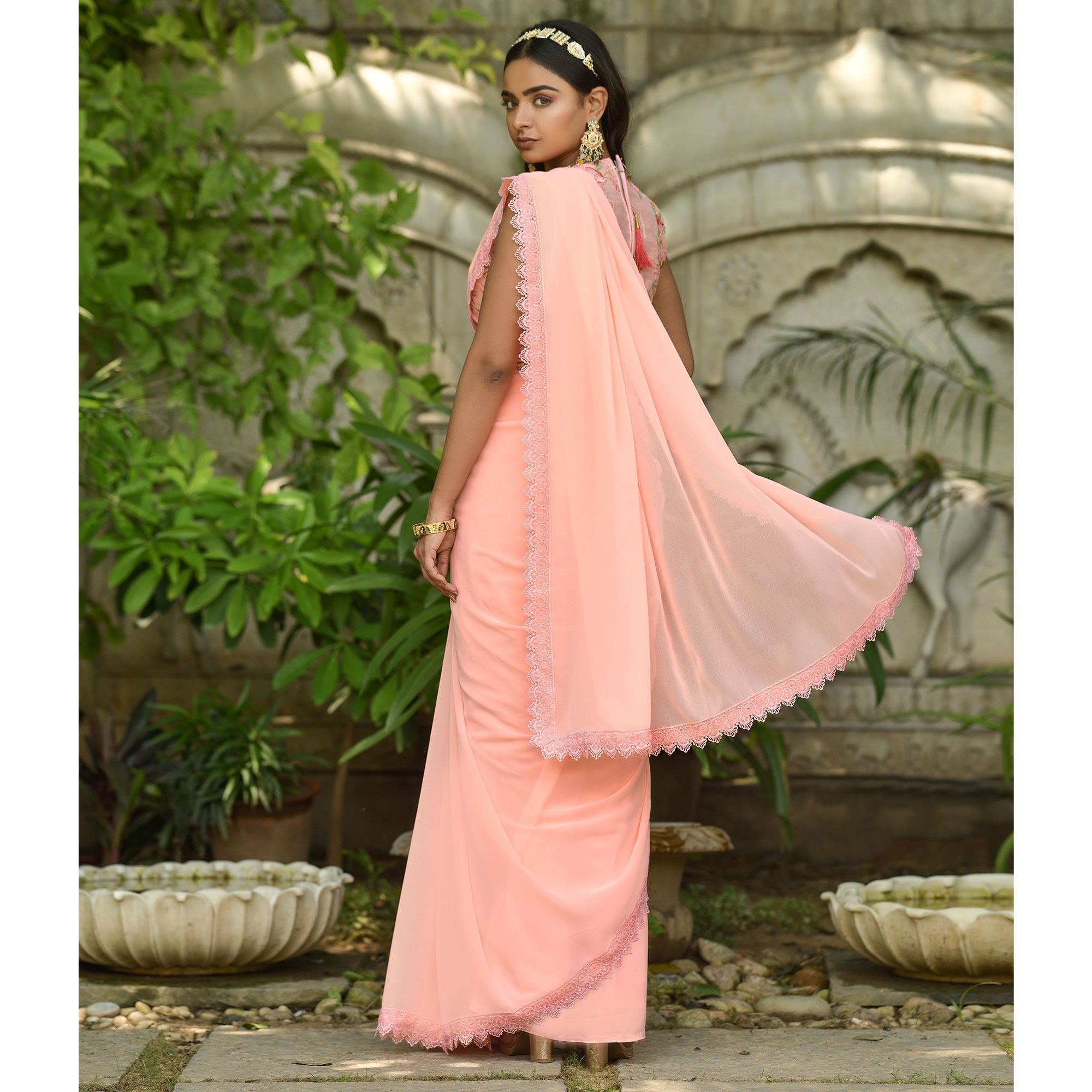 Peach Solid Georgette Saree With Embroidered Blouse Piece