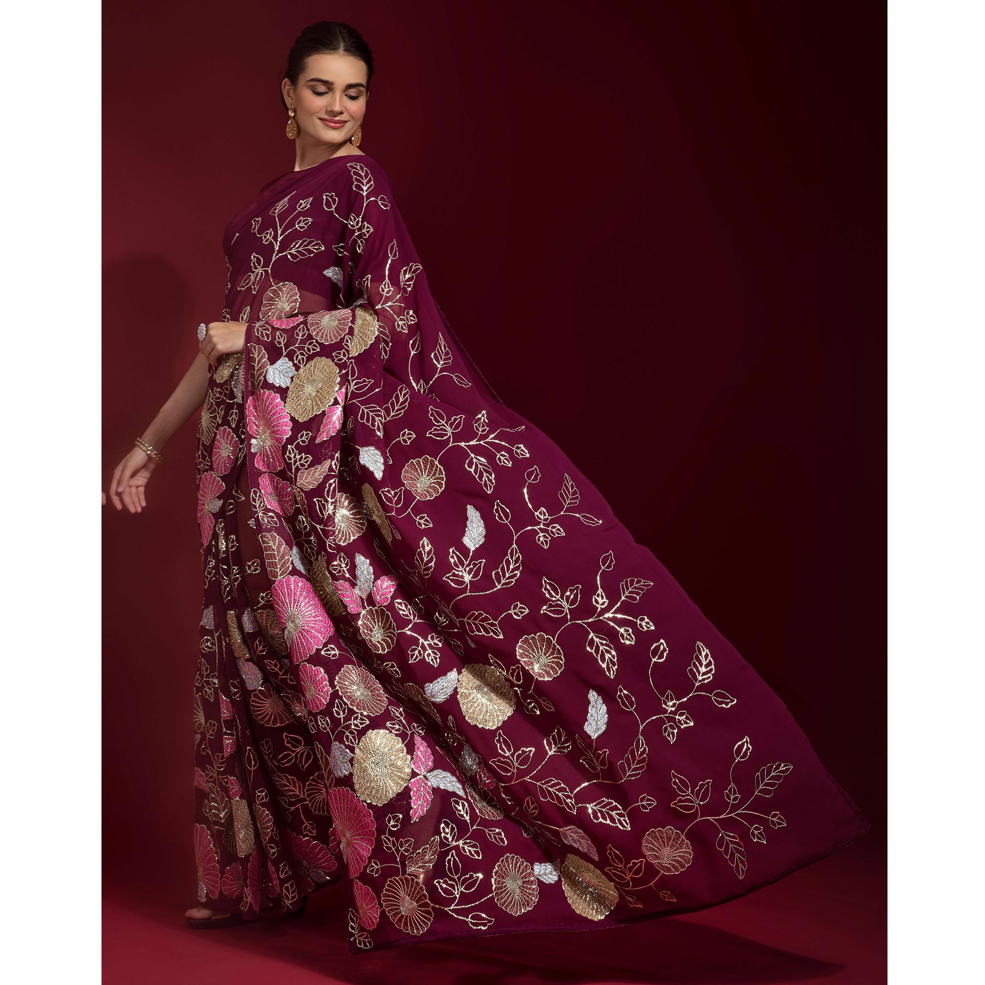 Wine Floral Sequins Embroidered Georgette Saree
