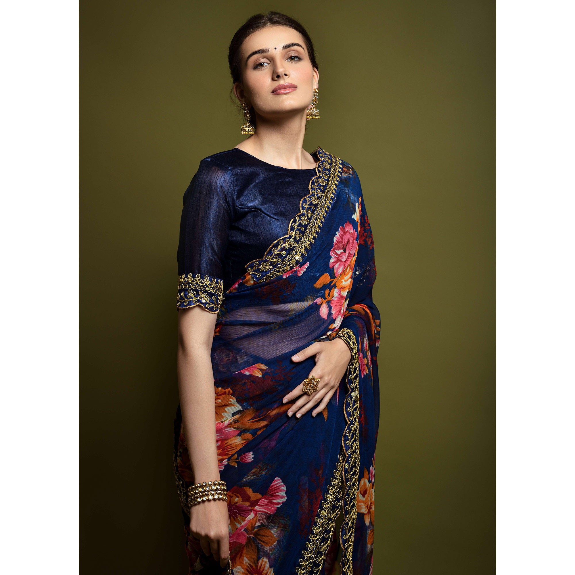 Blue Floral Printed Georgette Saree With Embroidered Border
