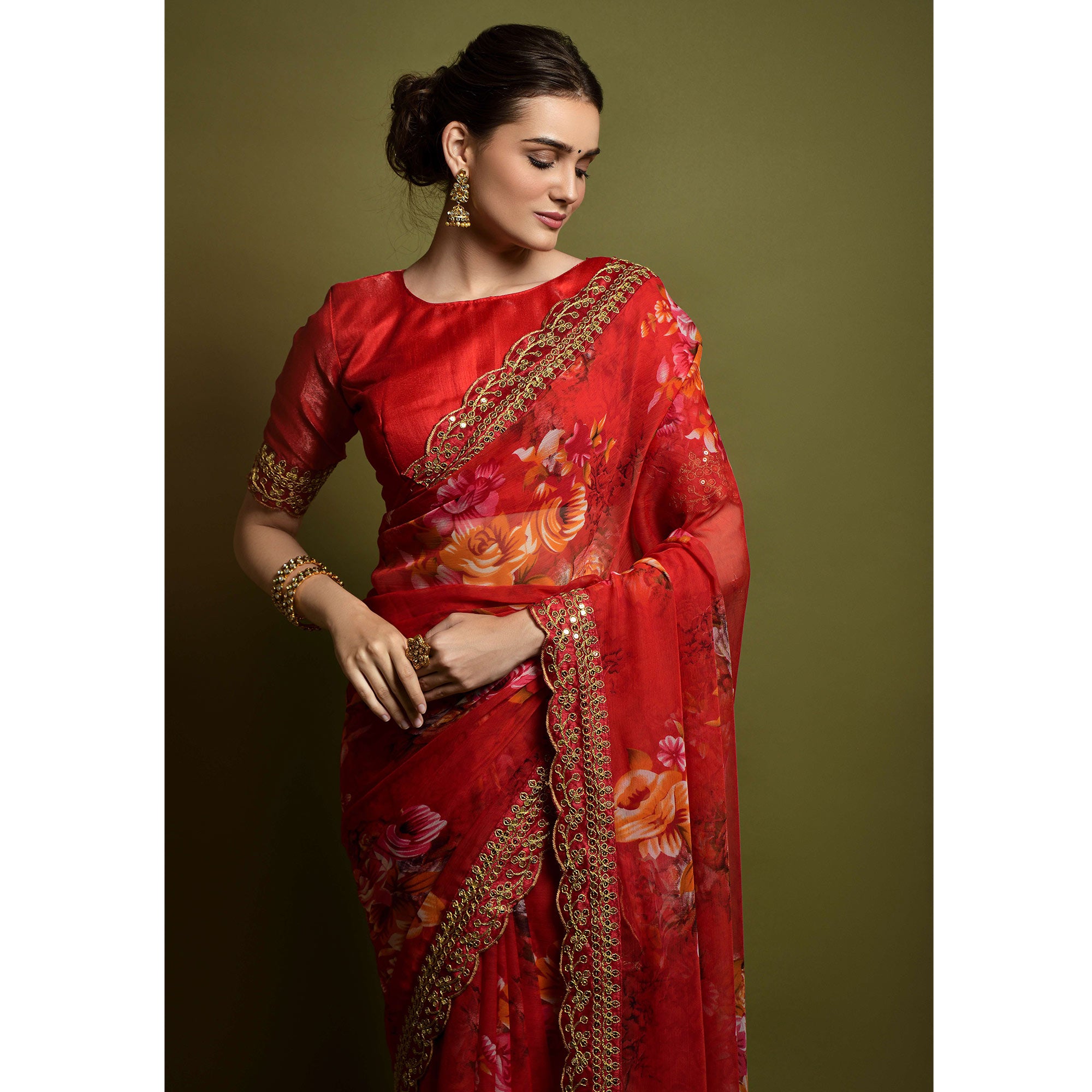 Red Floral Printed Georgette Saree With Embroidered Border