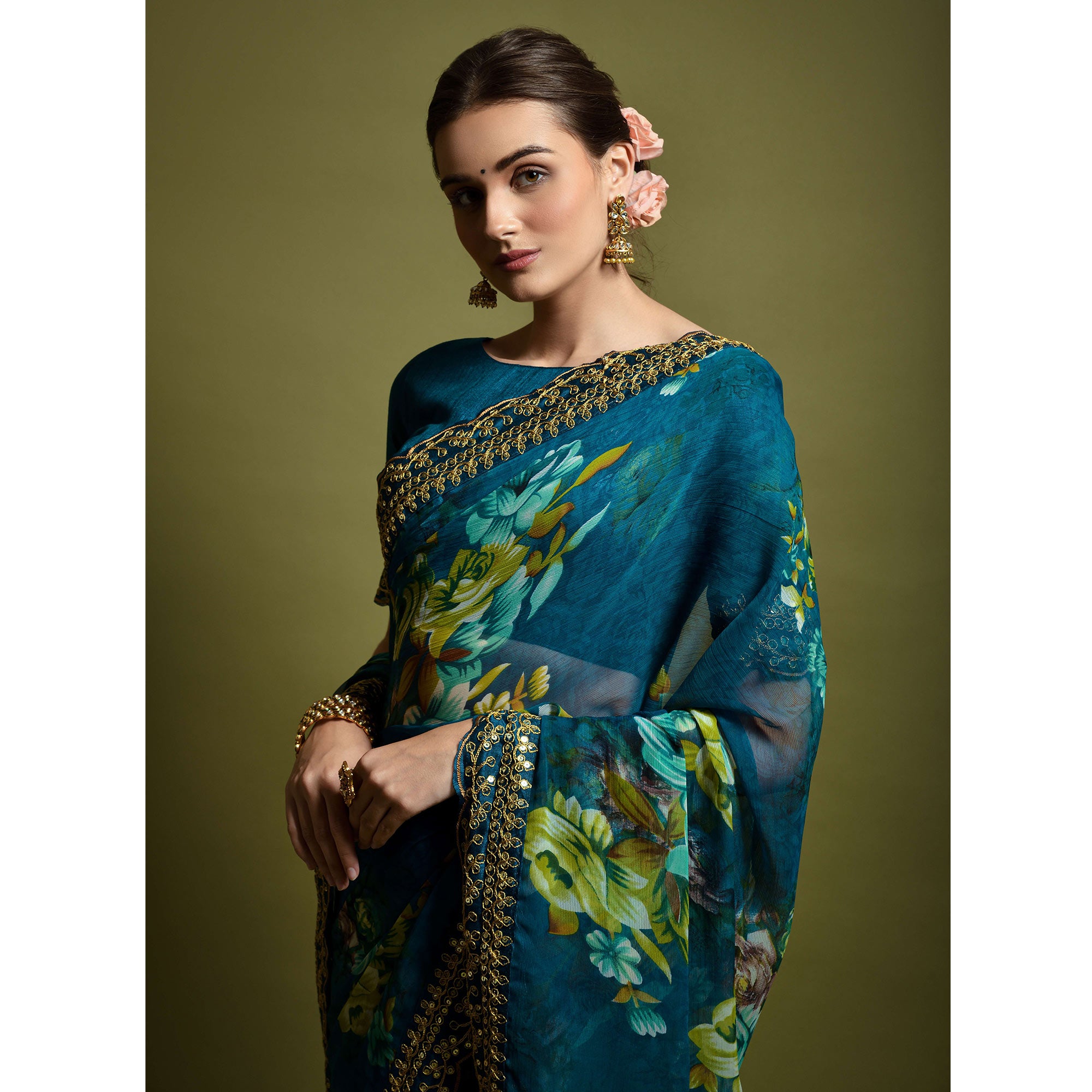 Teal Floral Printed Georgette Saree With Embroidered Border