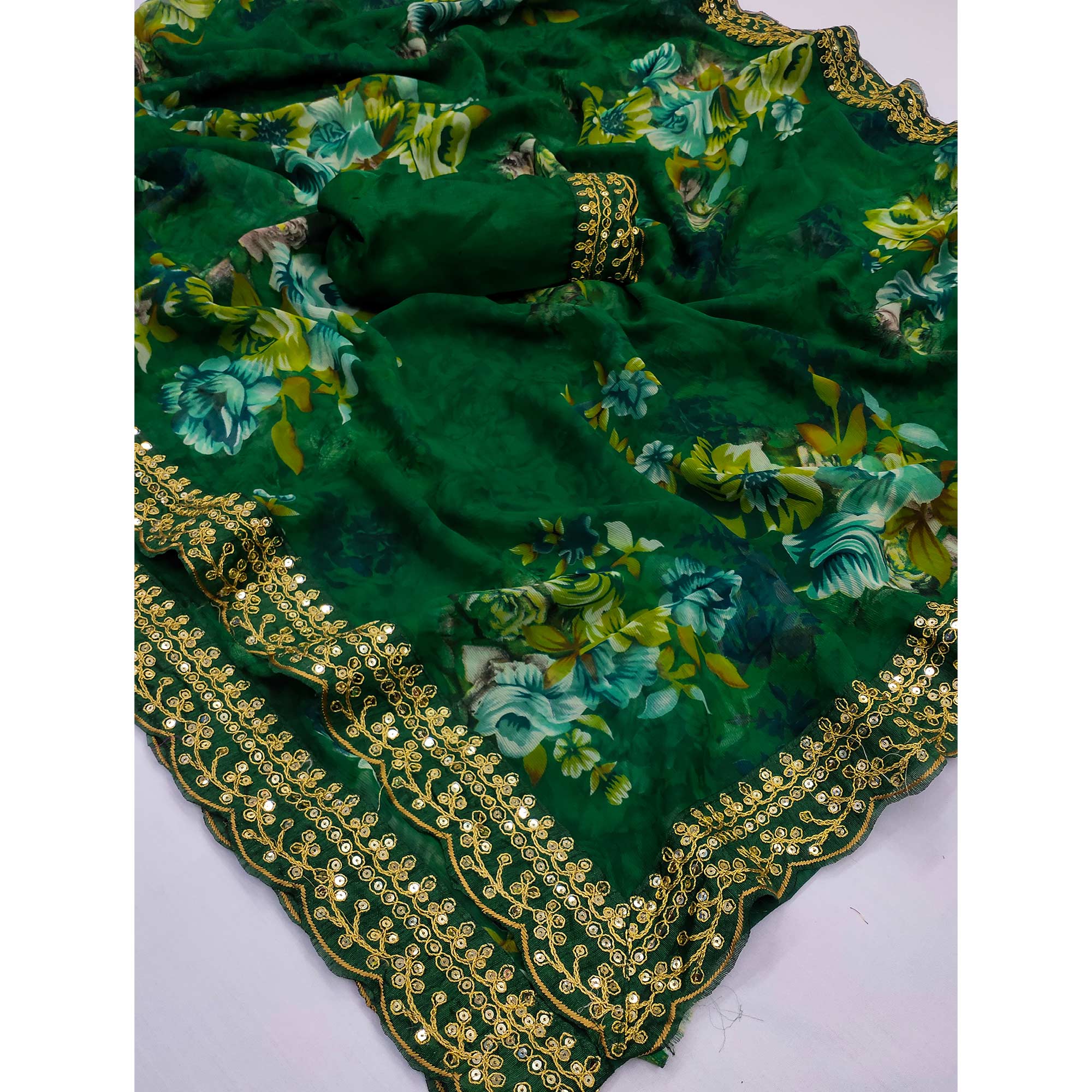 Green Floral Printed Georgette Saree With Embroidered Border