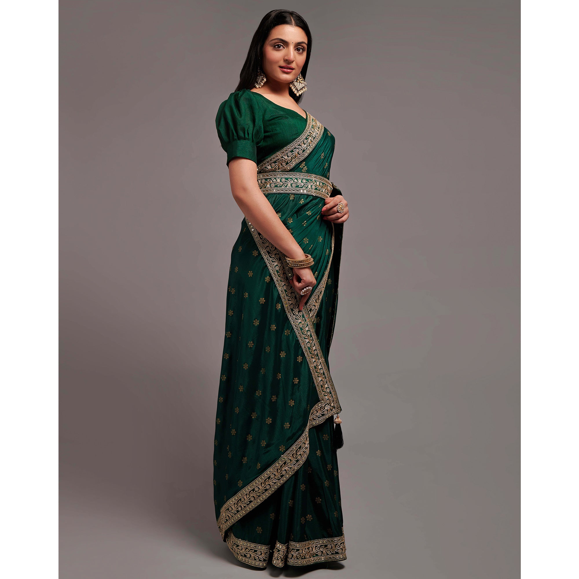 Green Foil Printed With Embroidered Border Chinon Saree