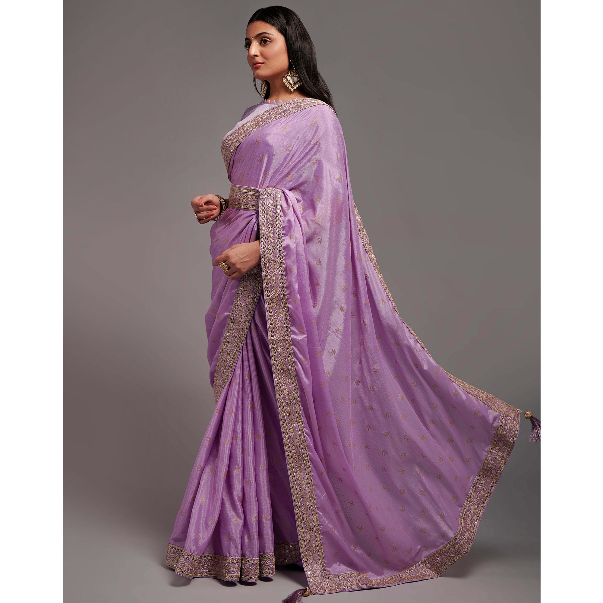 Light Purple Foil Printed With Embroidered Border Chinon Saree