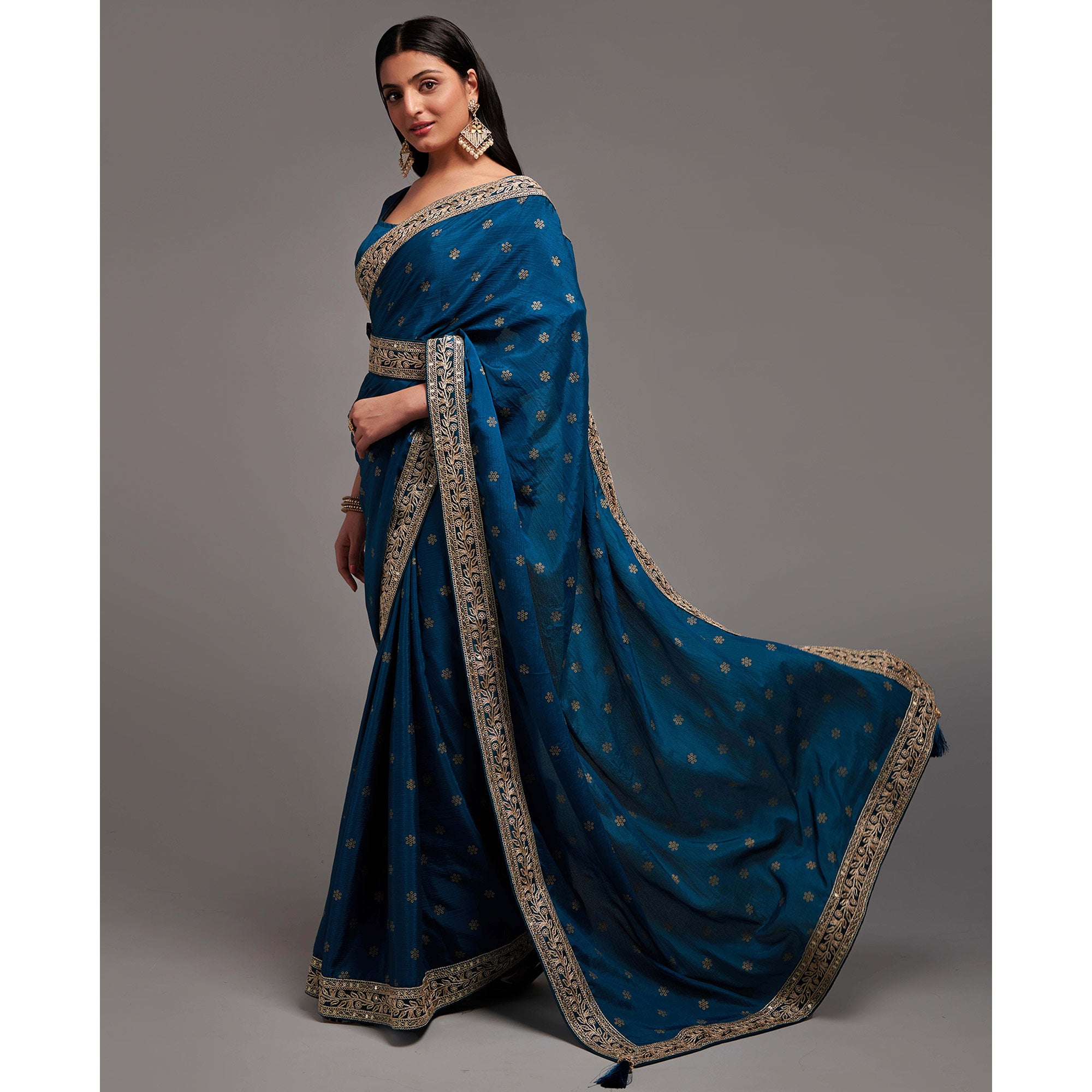 Blue Foil Printed With Embroidered Border Chinon Saree