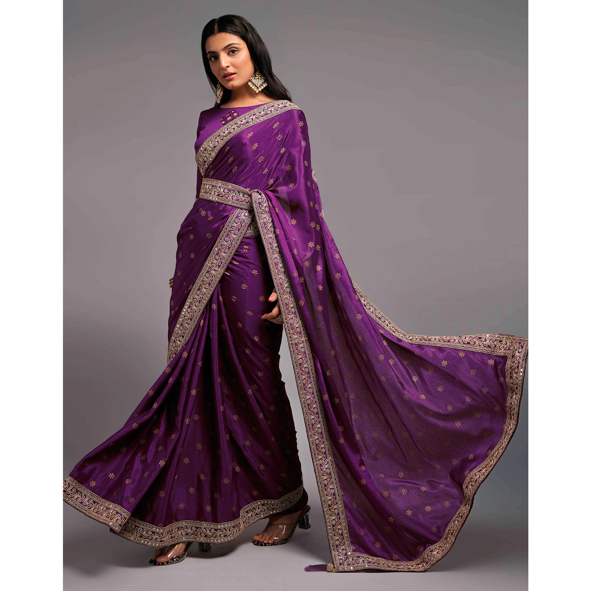 Wine Foil Printed With Embroidered Border Chinon Saree