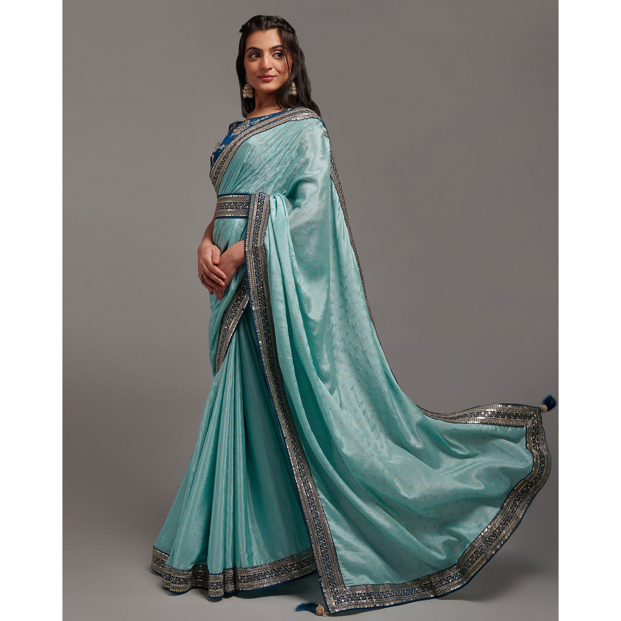 Turquoise Foil Printed With Embroidered Border Chinon Saree