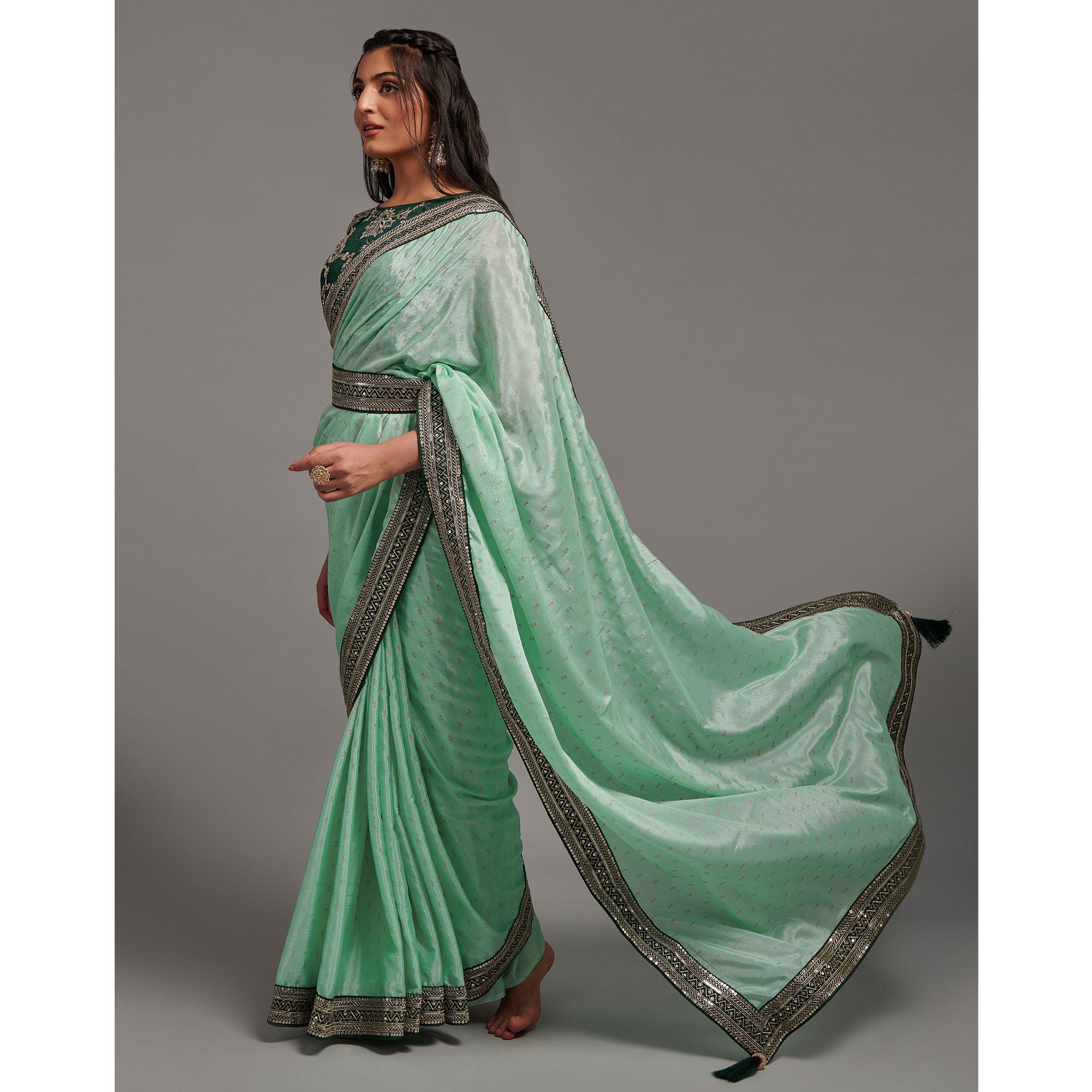 Green Foil Printed With Embroidered Border Chinon Saree