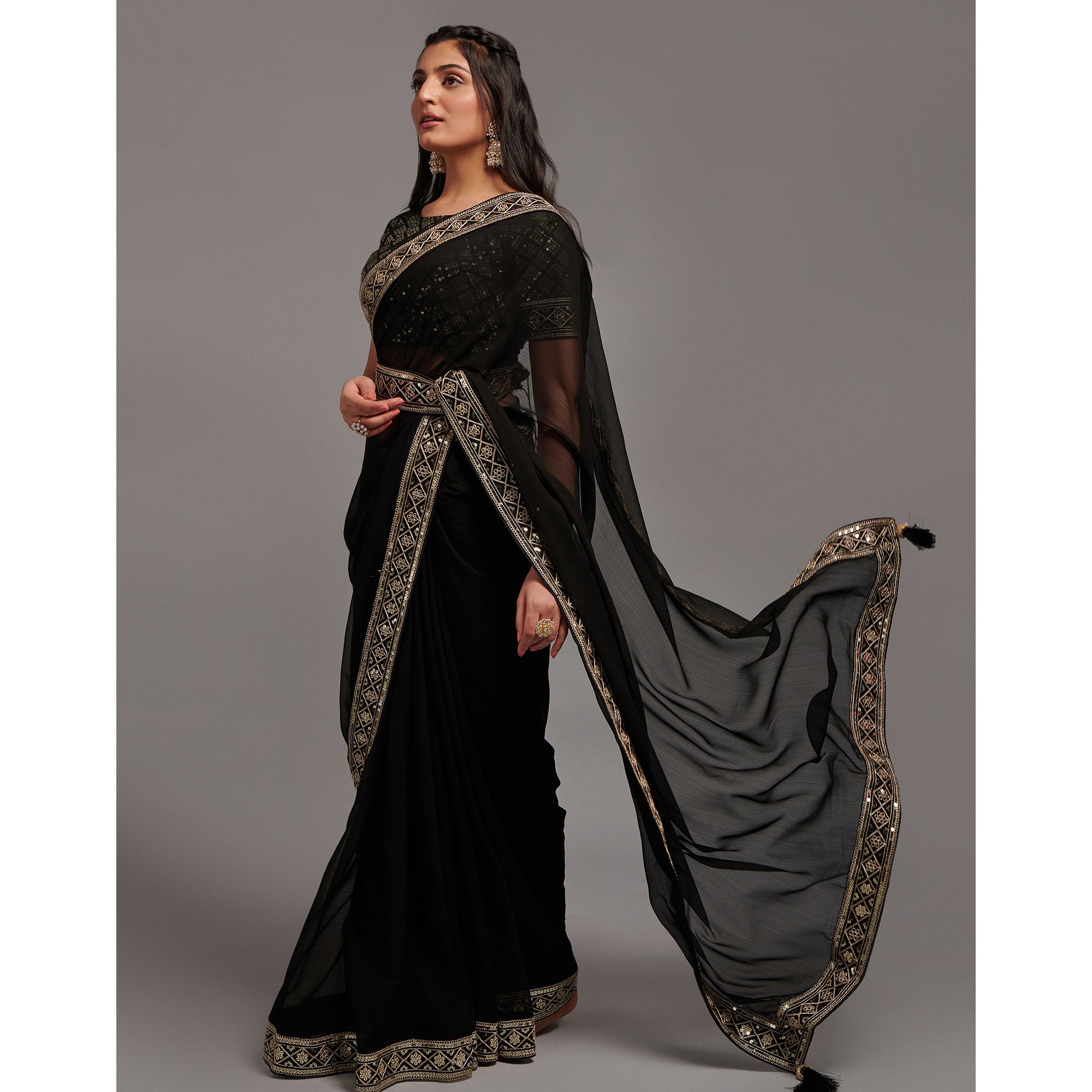 Black Sequins Embroidered Border Chinon Saree