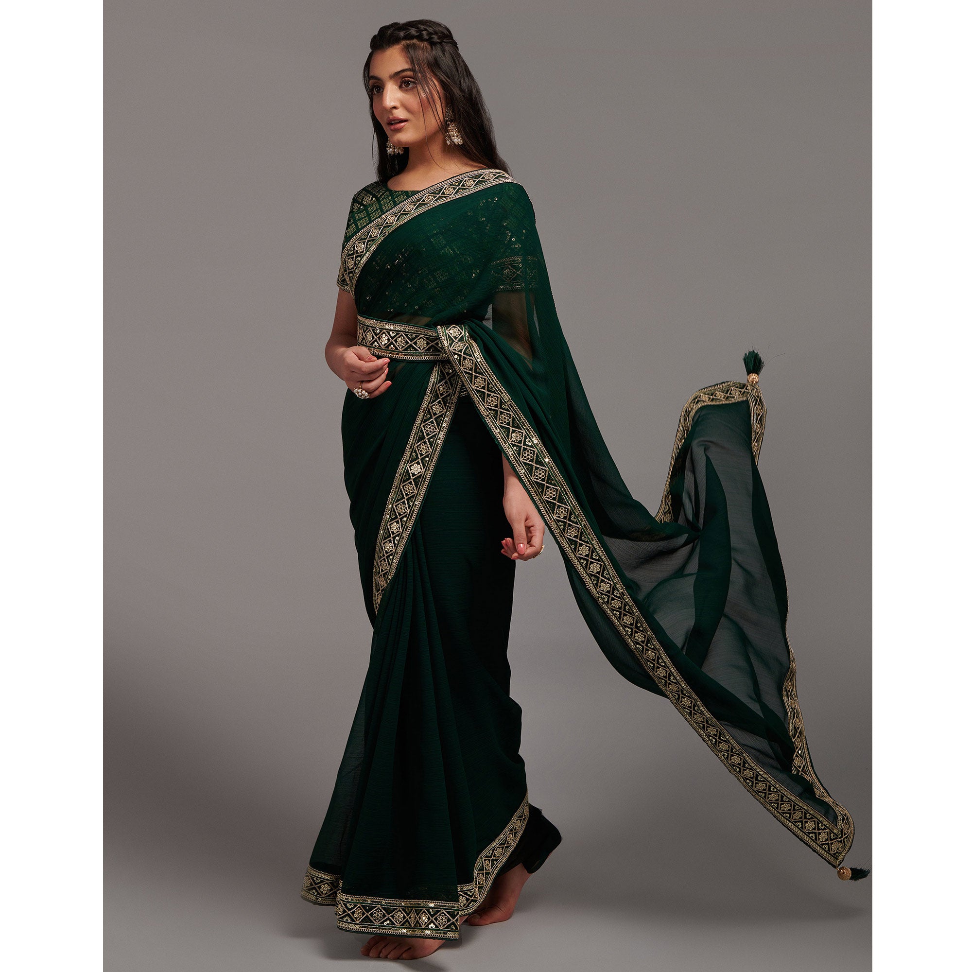 Green Sequins Embroidered Border Chinon Saree