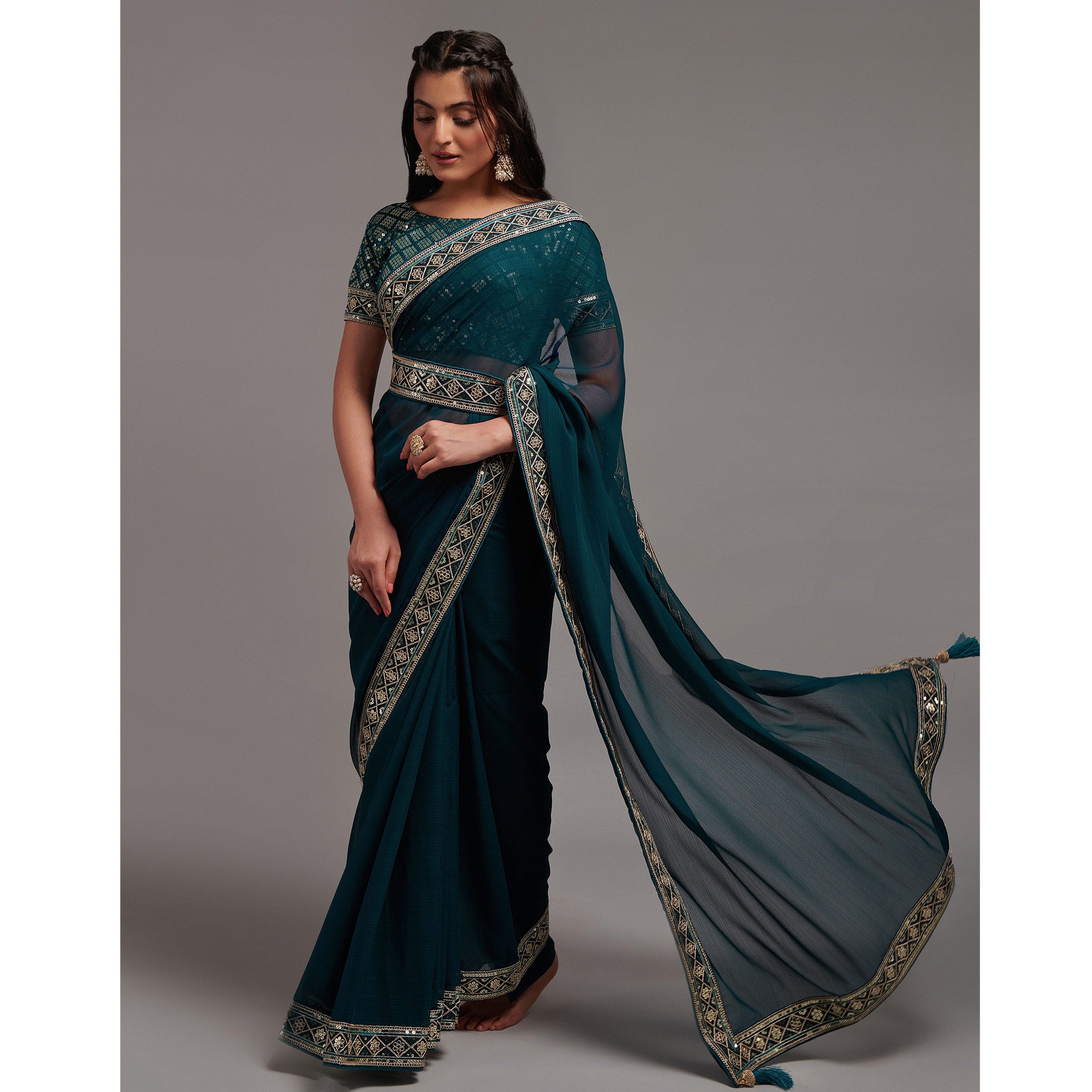 Morpich Sequins Embroidered Border Chinon Saree