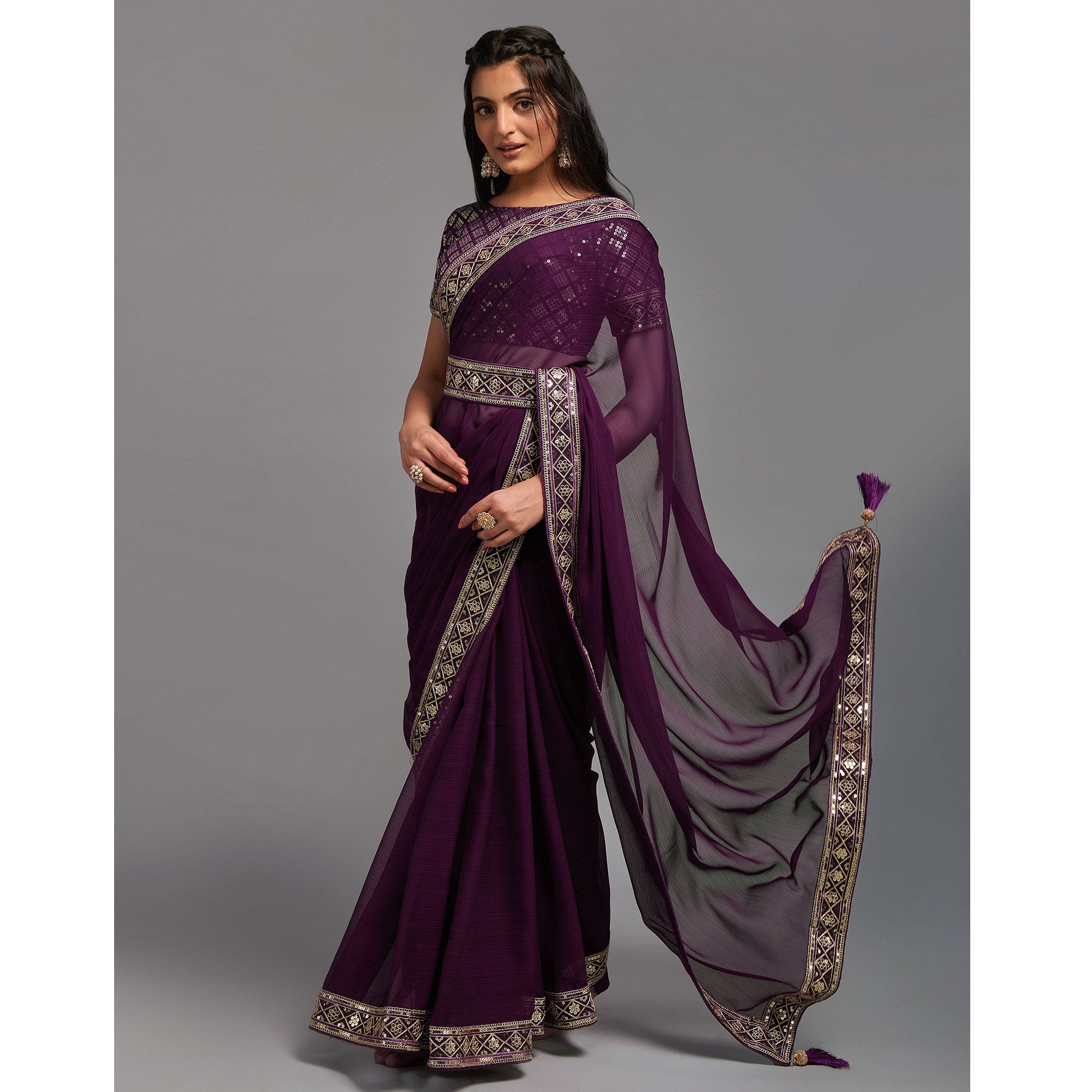 Wine Sequins Embroidered Border Chinon Saree