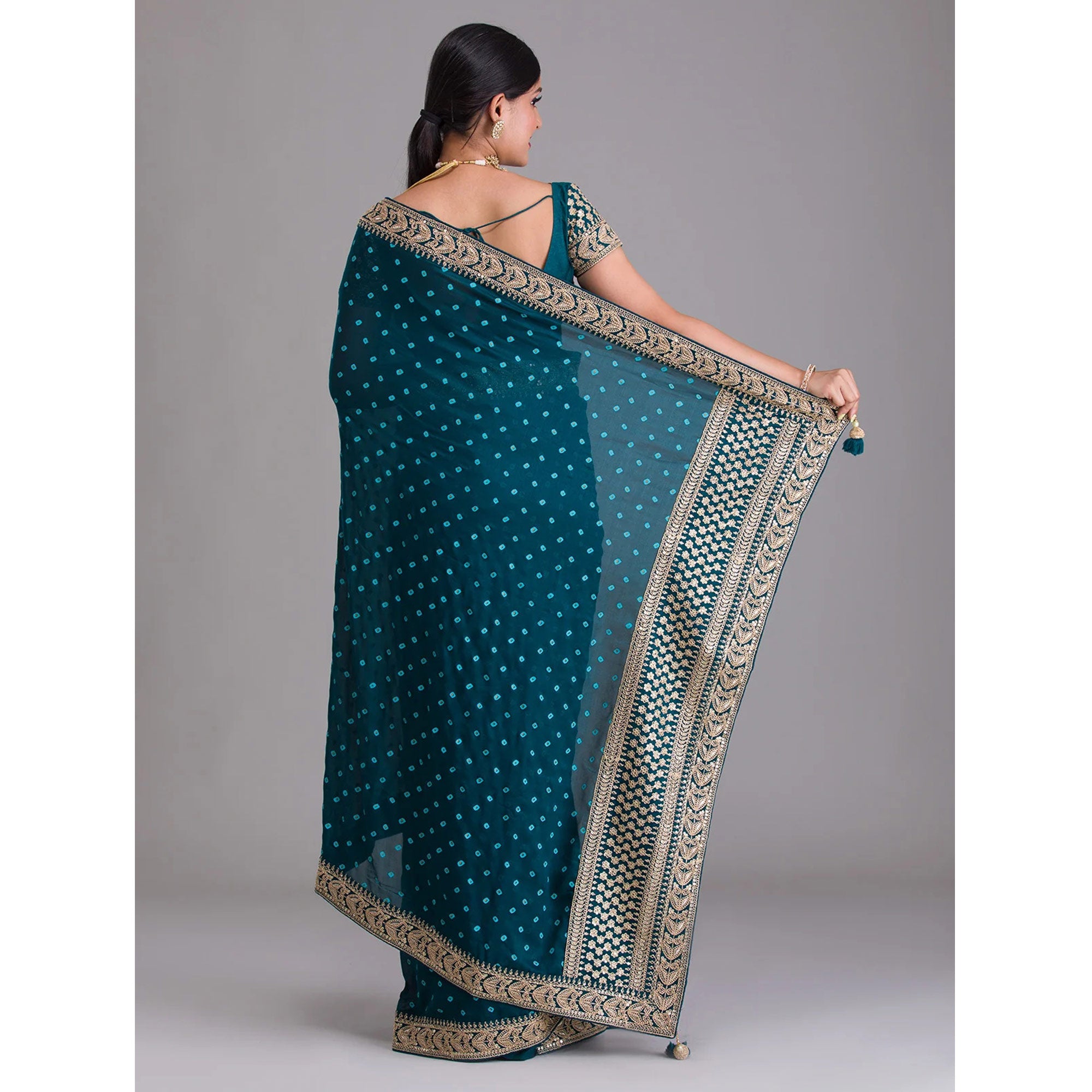 Blue Printed With Embroidered Vichitra Silk Saree