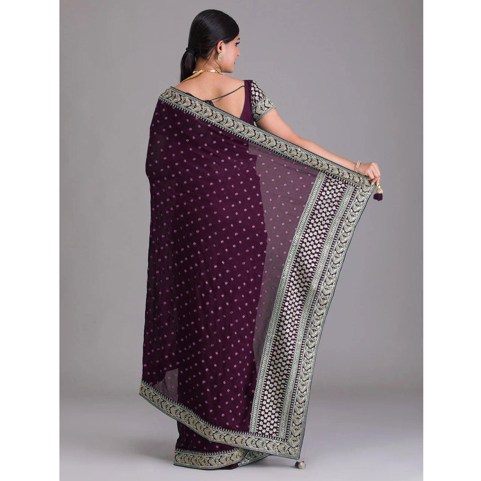 Wine Printed With Embroidered Vichitra Silk Saree