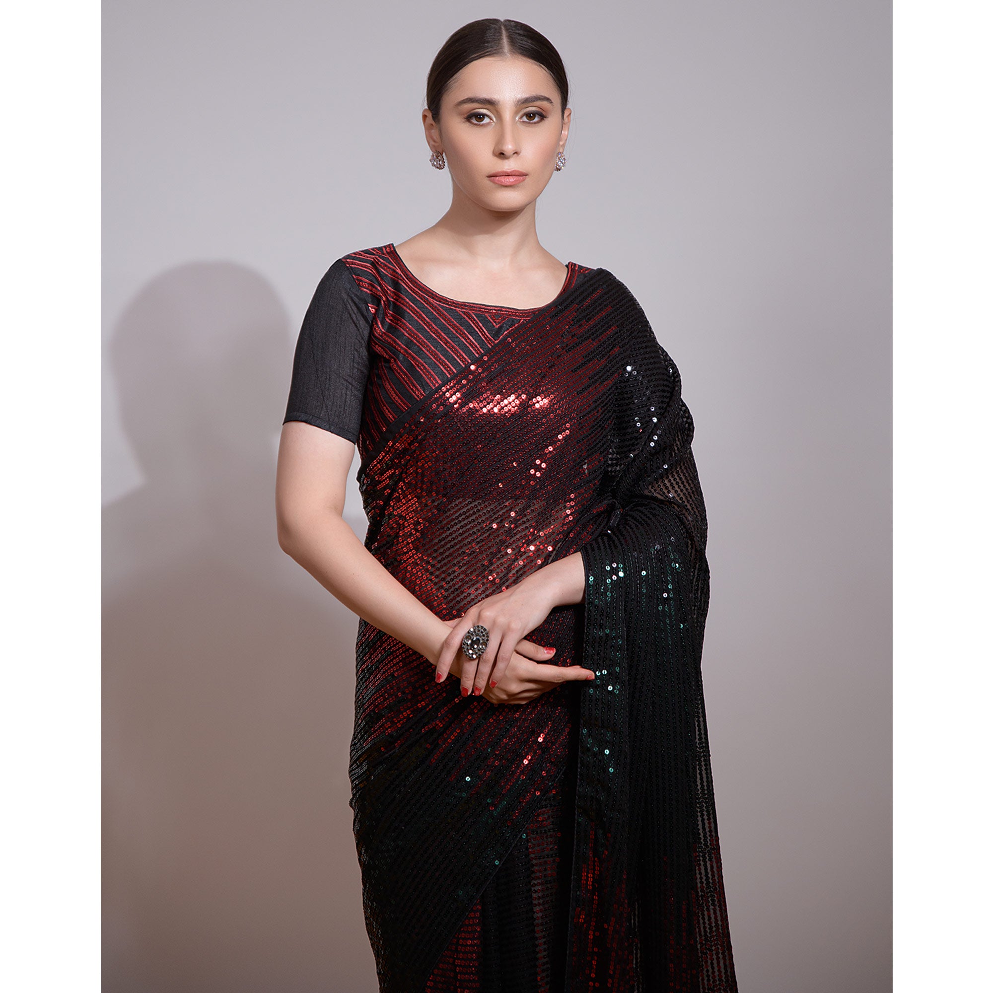 Black & Red Sequins Embroidered Georgette Saree